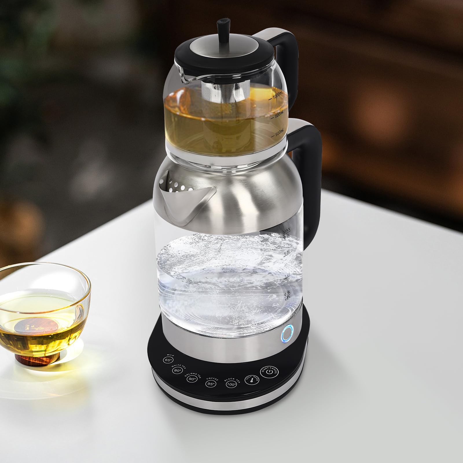 Doppelter Wasserkocher Teekocher, Tragbarer Glas Heißwasserkocher mit Temperaturregelung, für Büros, Hotels, Wohnungen, Hausgebrauch (2.5L Großen Wasserkochers+1L Kleinen Teekanne)