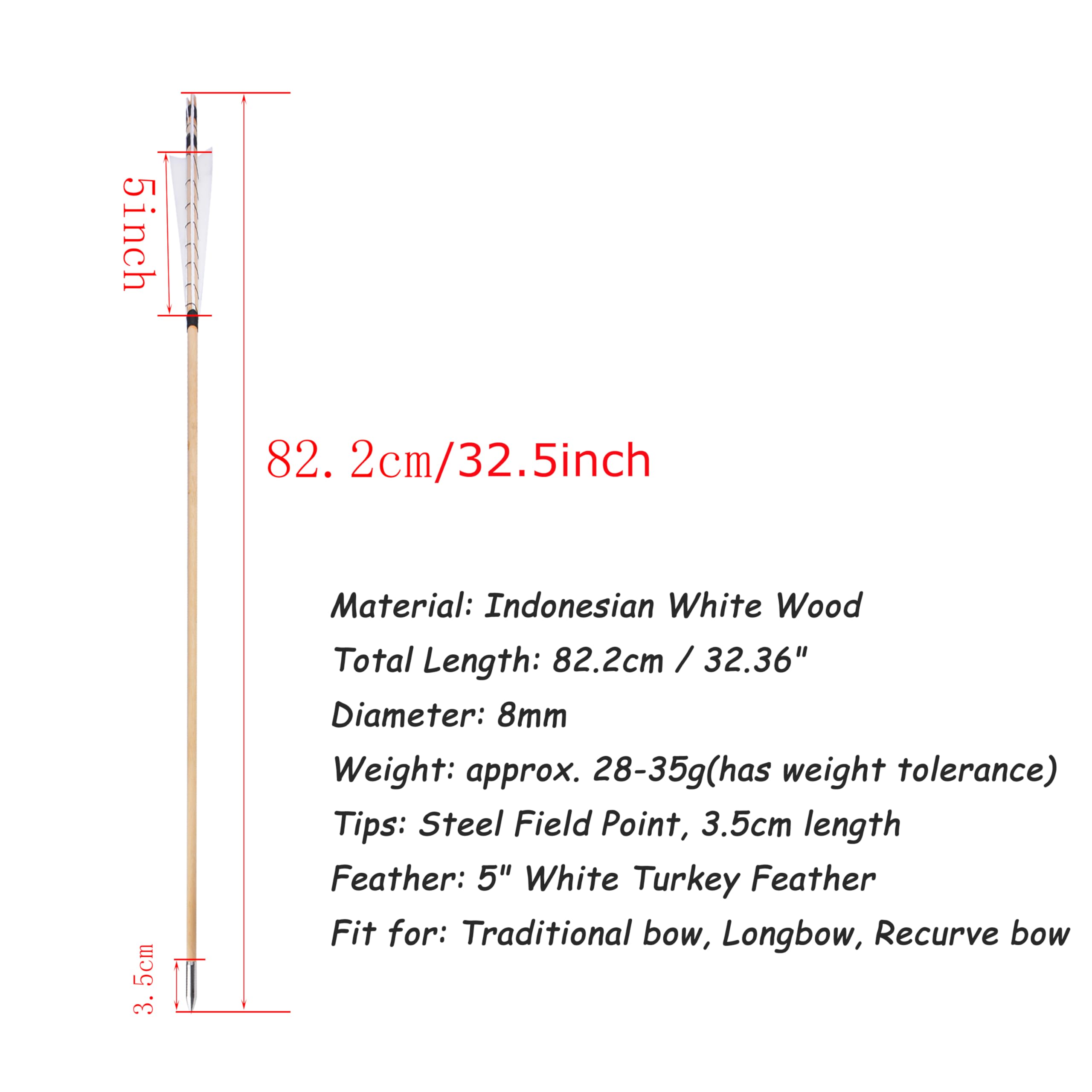 Frecce in legno da 32" per il tiro con l'arco Frecce Longbow inglese frecce di pratica di targeting con piume di tacchino Fletching punti di proiettile per Arco ricurvo tradizionale