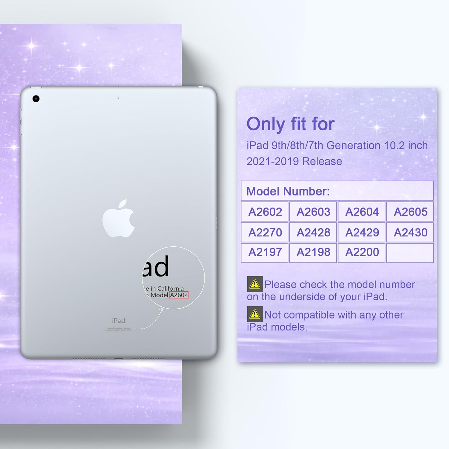 DONGKE for iPad Case 9th/8th/7th Generation 10.2 Inch (2021/2020/2019), Shockproof Glitter Acrylic Back with Trifold Stand, Pencil Holder & Auto Sleep/Wake - Purple Cross Dot