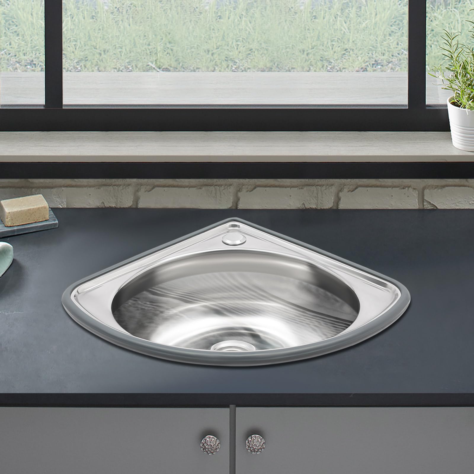 Piccolo lavabo da parete per bagno, lavabo angolare triangolare, mini lavandino ad angolo in acciaio inox per camper e piccoli spazi, 17 x 14,5 pollici, lavabo triangolare argentato con e