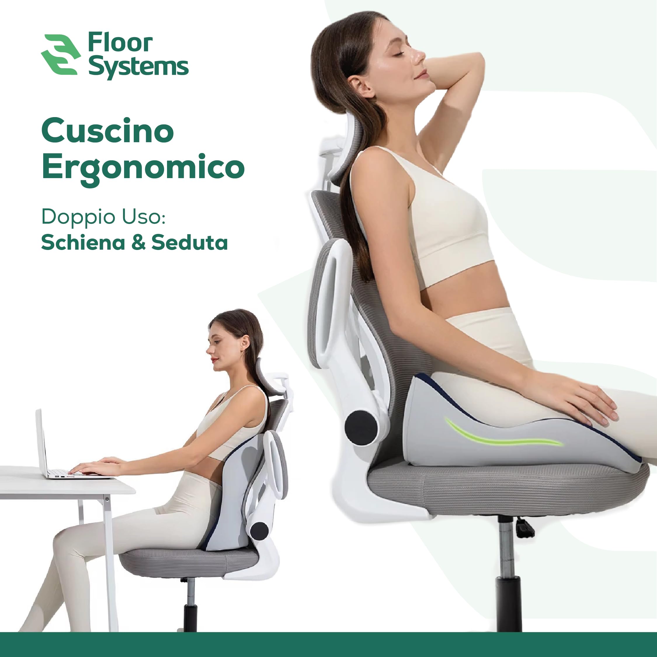 Floor Systems Cuscino Lombare per Auto Memory Foam Doppio Uso Sedia Ufficio | Cuscino auto guidatore, cuscino per ufficio schiena e memory foam per seduta. Doppio uso: coccige e glutei o schiena lombare
