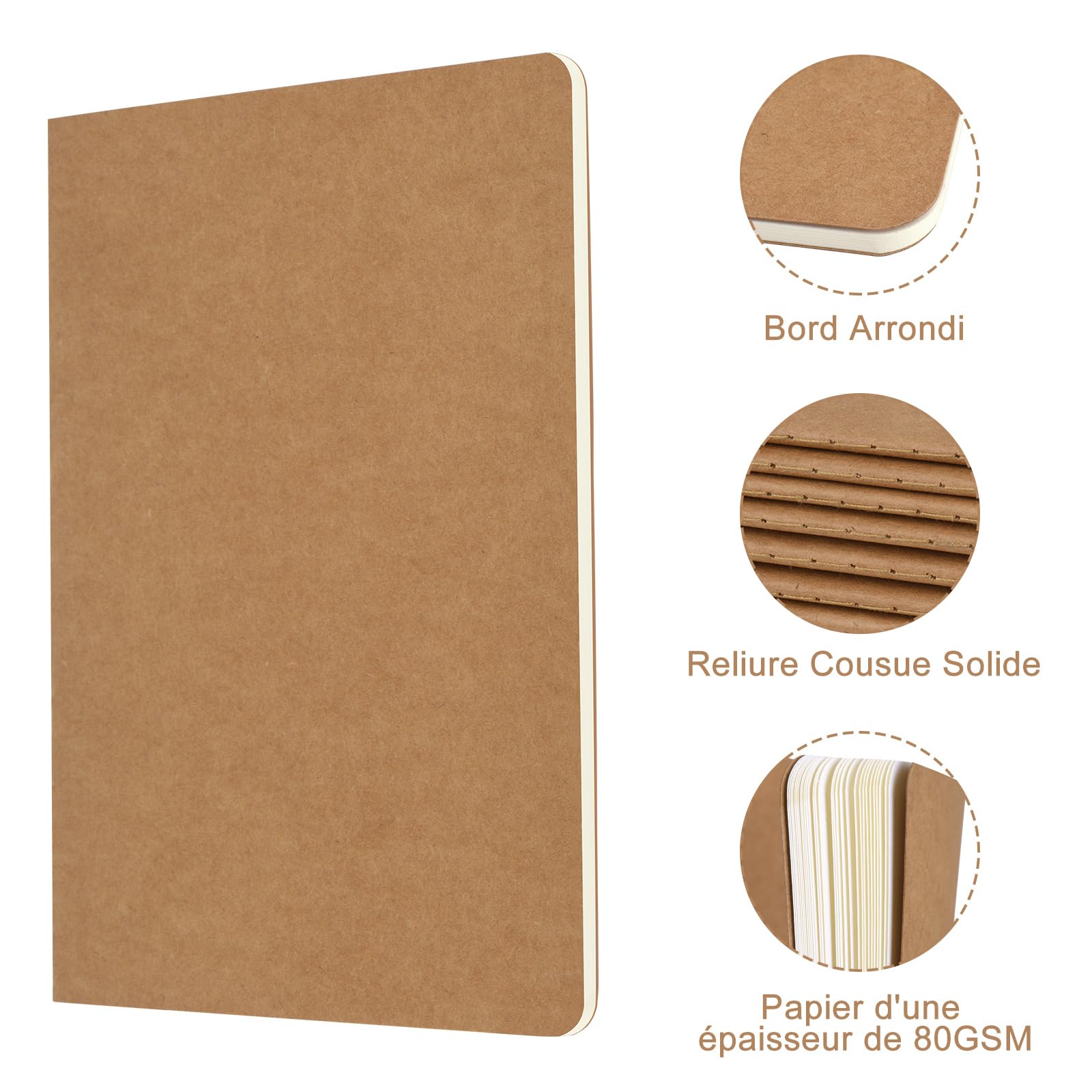 ZCZN A5 Cahiers Lignés Kraft 60 Pages par Bloc，Lot of 48 Blocs Carnet de Notes，80 gsm，Bloc Note Carnet Dessin，30 Feuillets Vierge