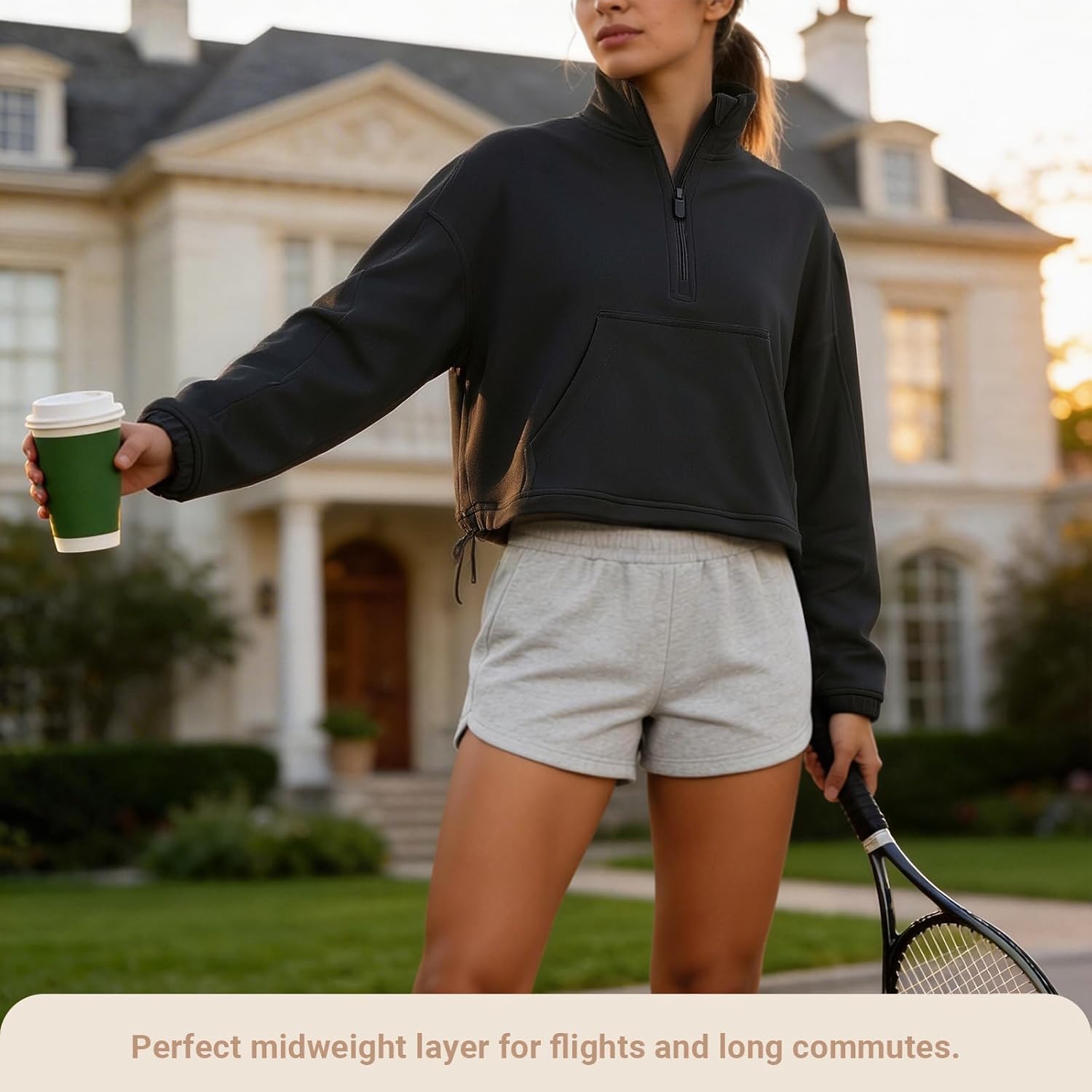 Womens Cropped Half Zip Sweatshirt, Mock Neck Modal Blend Quarter Zip Pullover, Casual Athleisure Top Long Sleeve