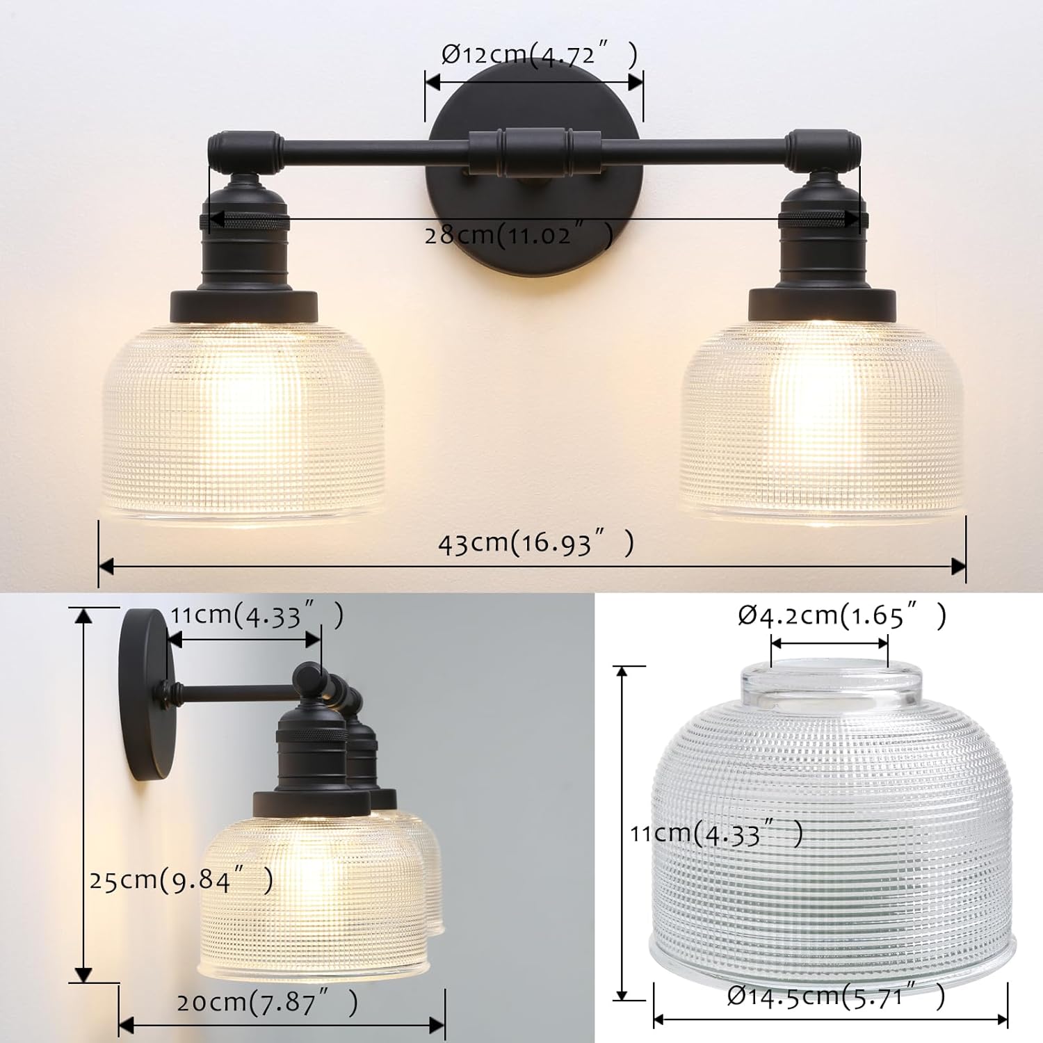 Pathson Vintage Double Heads Wall Sconces Decor for Bathroom Mirror, Glass 2-Light Bathroom Wall Vanity Lights, Hardwired Wall Sconce Lamp for Living Room Bedroom Farmhouse Lighting