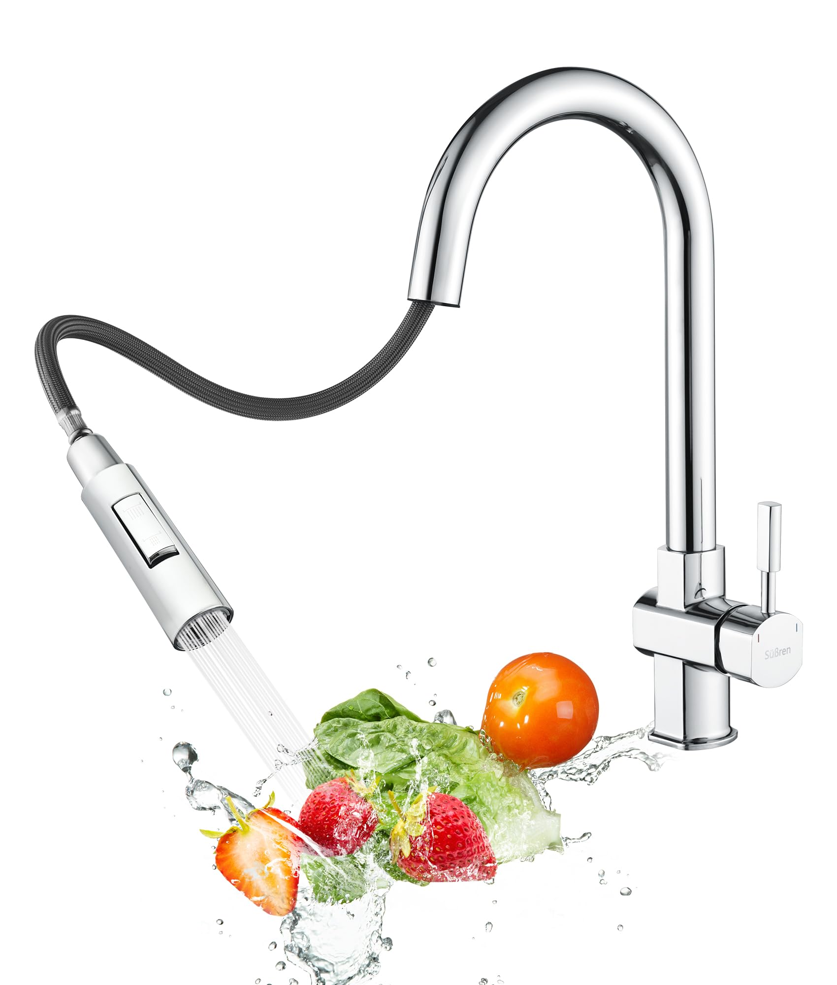 Süßren Wasserhahn Küche,Hochdruck Küchenarmatur mit Ausziehbar Brause,Armatur Küche 360° Drehbar,Spültischarmatur Zwei Wasserstrahlarten, Edelstahl Mischbatterie Küche Chrom