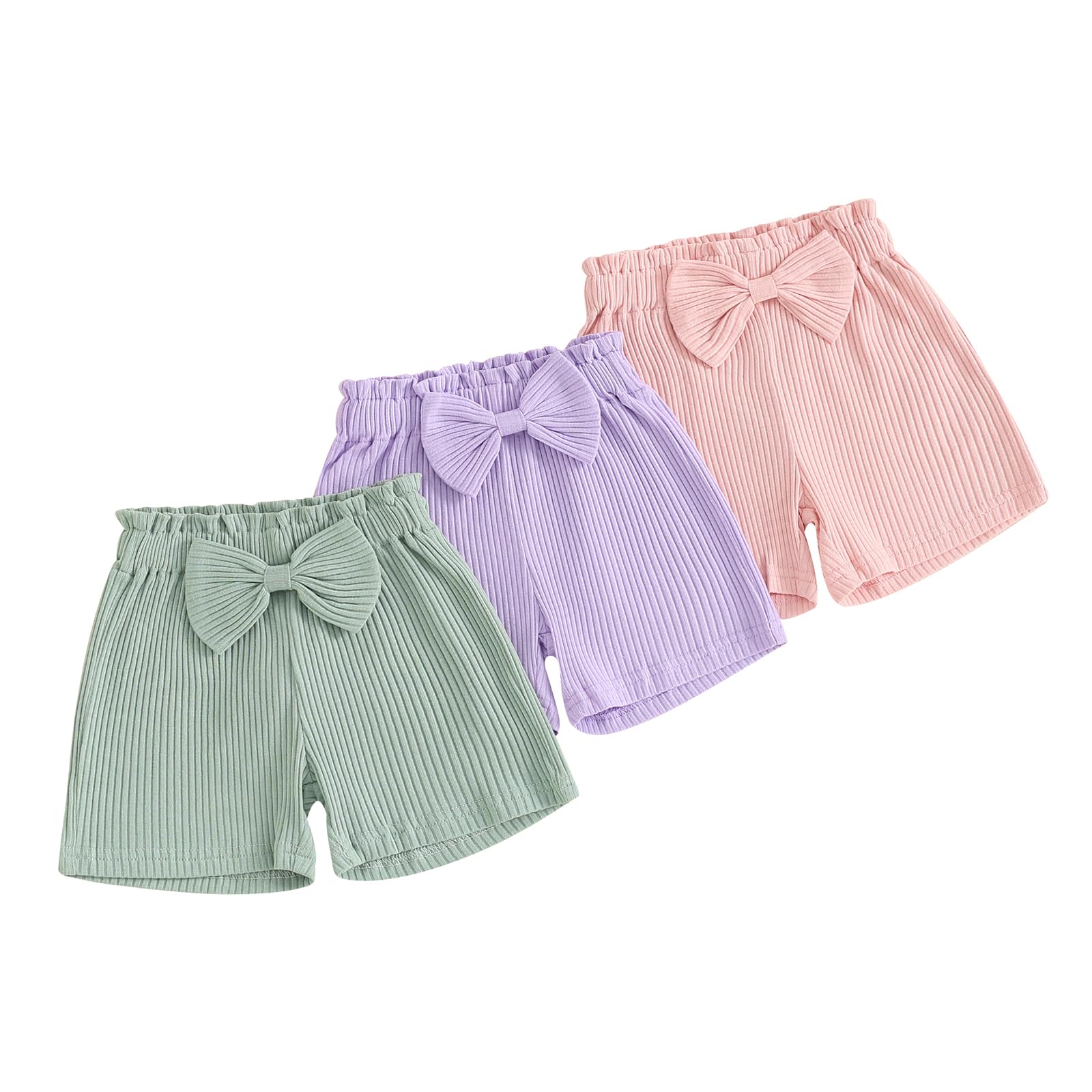 Karesoull Toddler Girl Solid Color Ribbed Shorts Baby Elastic Bow Bottoms 3-Packs (Green/Purple/Pink, 2-3 Years)