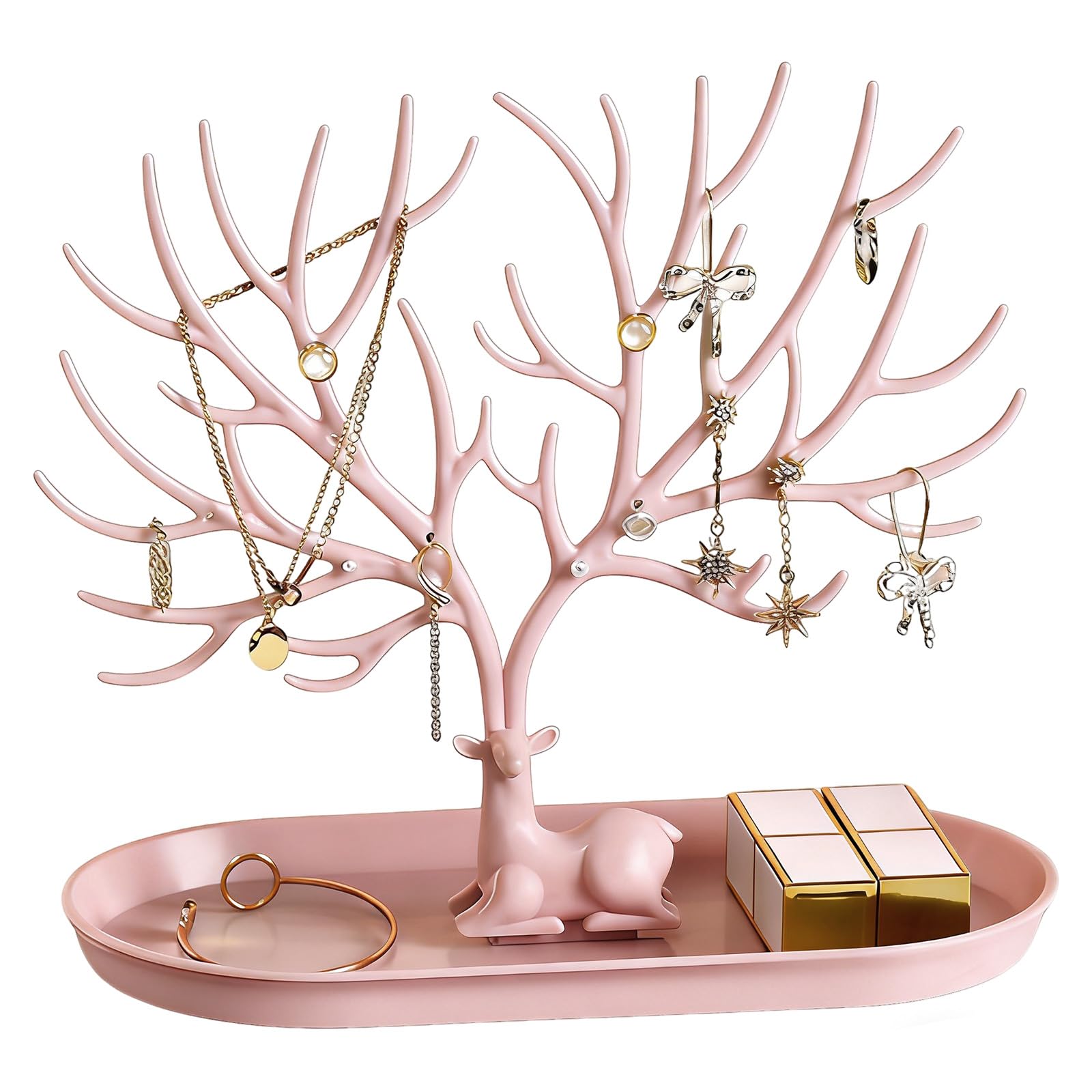 Rthynti Antlers Jewelry Stand, Jewellery Tree Hanging Organizer, Plastic Ornamental Necklace Holder for Earrings Bracelets and Ring, Pink