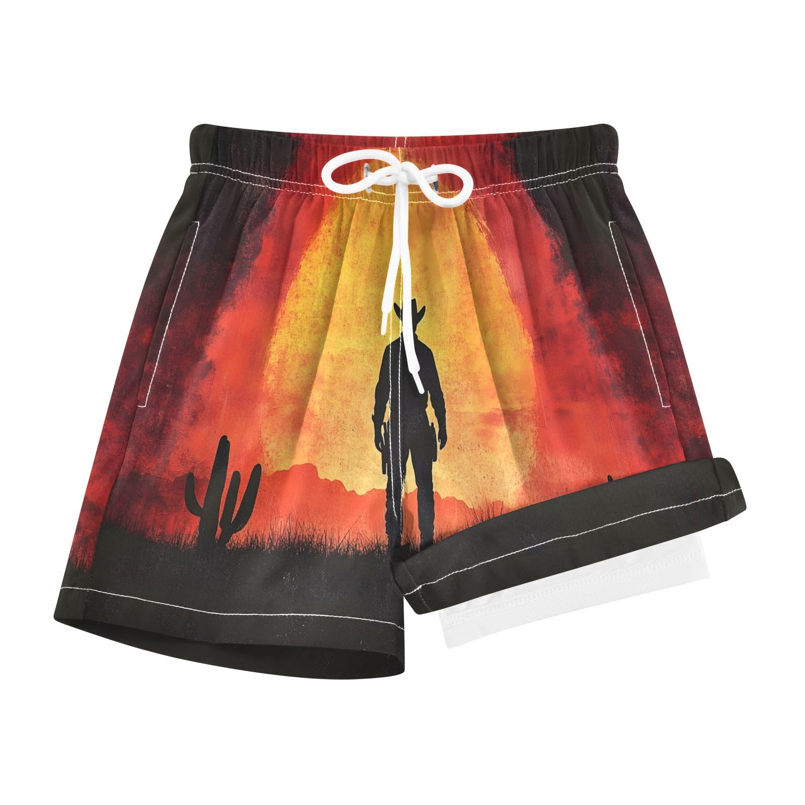 YANENDIE Boy Swim Trunks with Compression Liner Cowboys at Sunset Boys Swim Shorts Quick Dry Beach Shorts