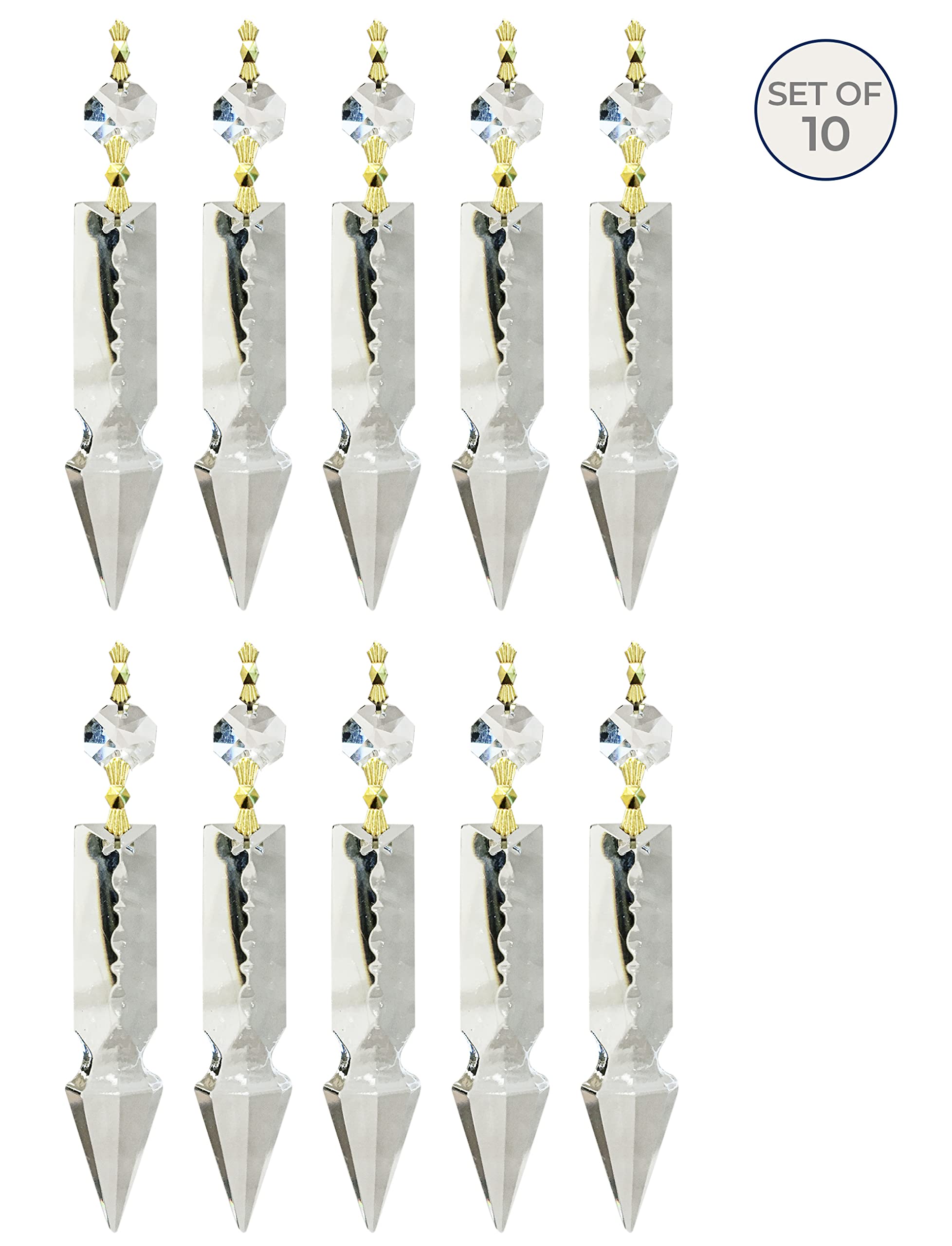 Royal Designs, Inc. Replacement Chandelier Clear Crystal Prism K9 Quality 4 Inch Arrowhead Spear Shape with Polished Brass Bow Connectors and Octagon Bead, Pack of 10