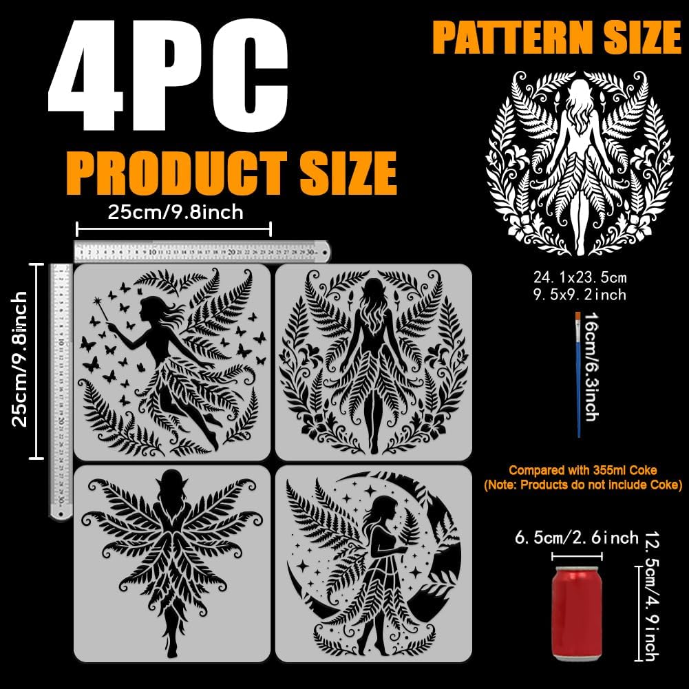FINGERINSPIRE 4 Pcs Fairy Stencils with a Brush 9.8x9.8Inch Ferns Stencils Reusable Flowering Plants Painting Stencil Moon Fairy Stencil Fantasy Themes PET Template for Wood Floor Tile Wall Fabric DIY