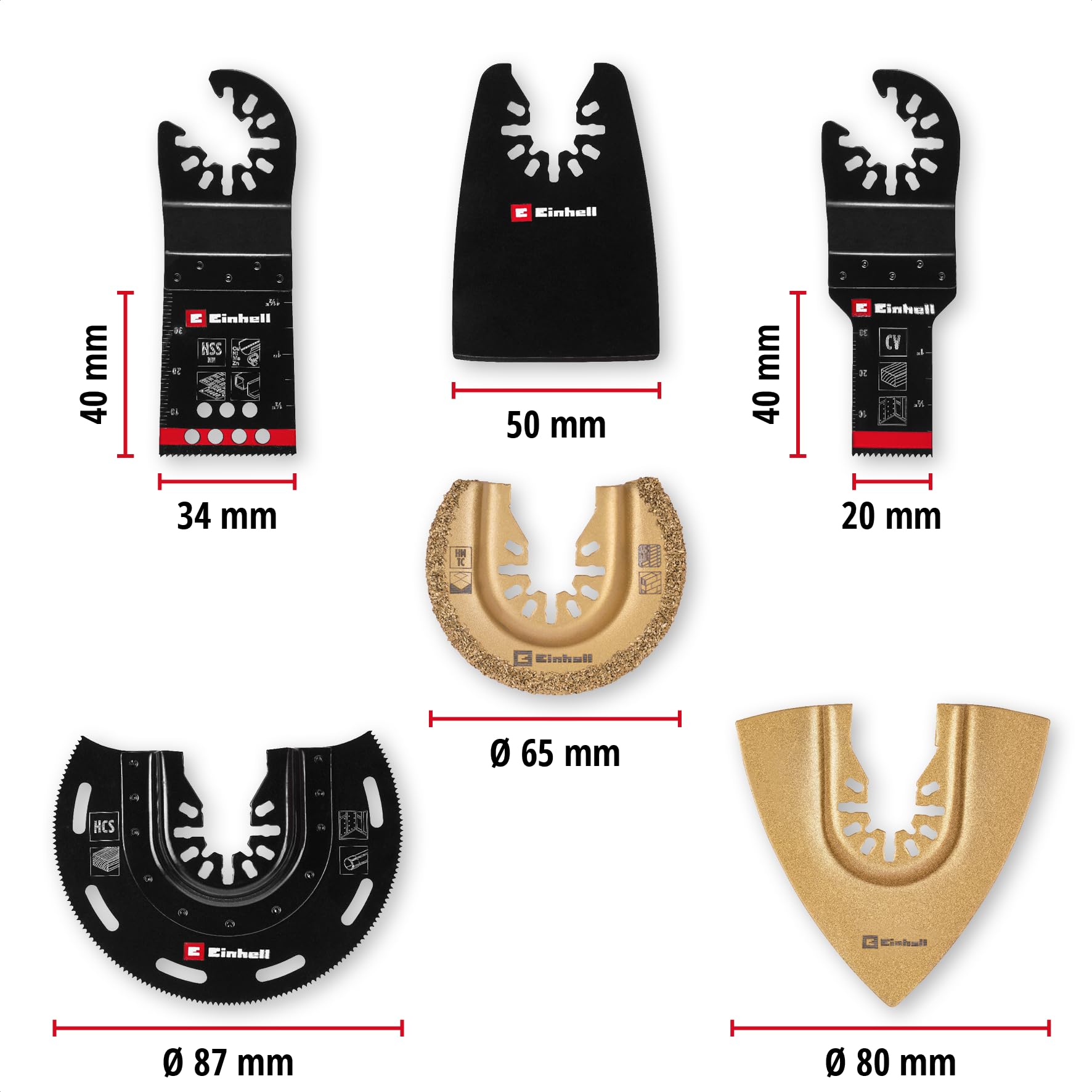 Originale Einhell set multiutensile 6 pz. (lama da taglio BIM a tuffo, semitonda HCS, a tuffo CrV, semitonda HM, raspa delta, raschietto)