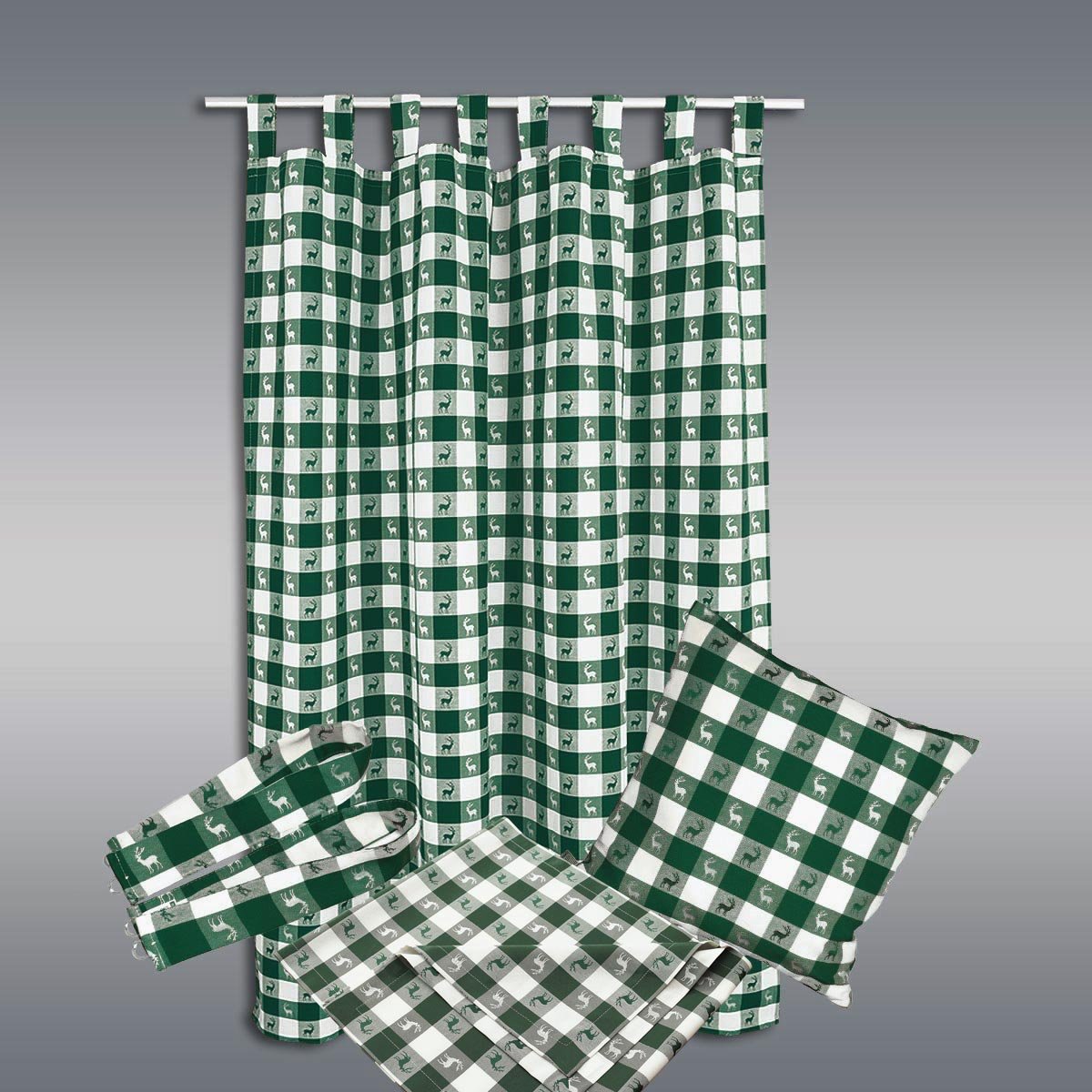 Dekoschal Karo mit Hirsch in Grün | Schlaufenschal aus hochwertigem Webware | grün-weißer Landhaus-Vorhang kariert | Blickdichte Übergardine mit 8 Schlaufen | Seitenschal Höhe x Breite 125 x 130 cm
