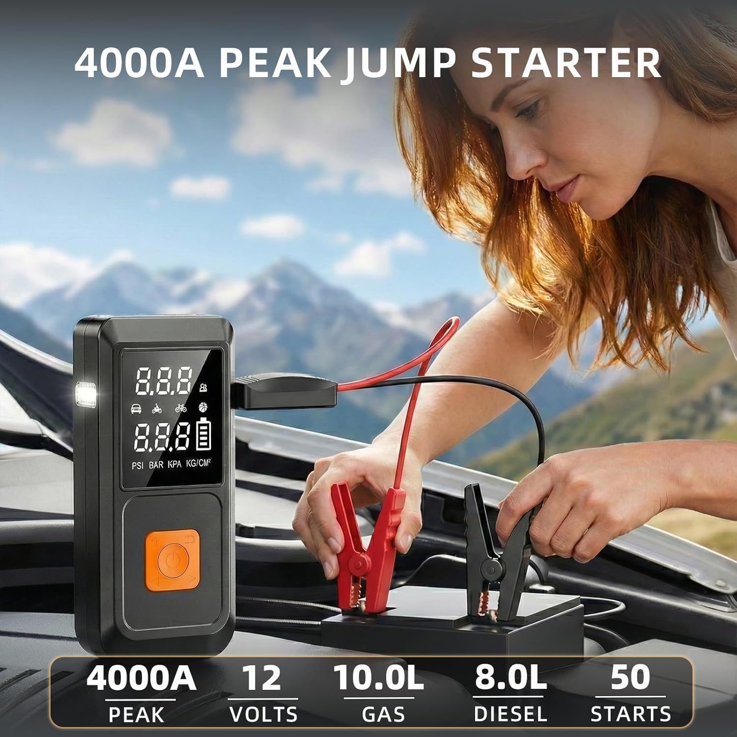 GOLDFOREST 4000A Jump Starter with Air Compressor, Portable Car Battery Jumper Starter (10L Gas/8L Diesel), 150PSI Jump Box with Auto-Shutoff Tire Inflator, LED Light, Power Bank - Car Emergency Kit - Image 2