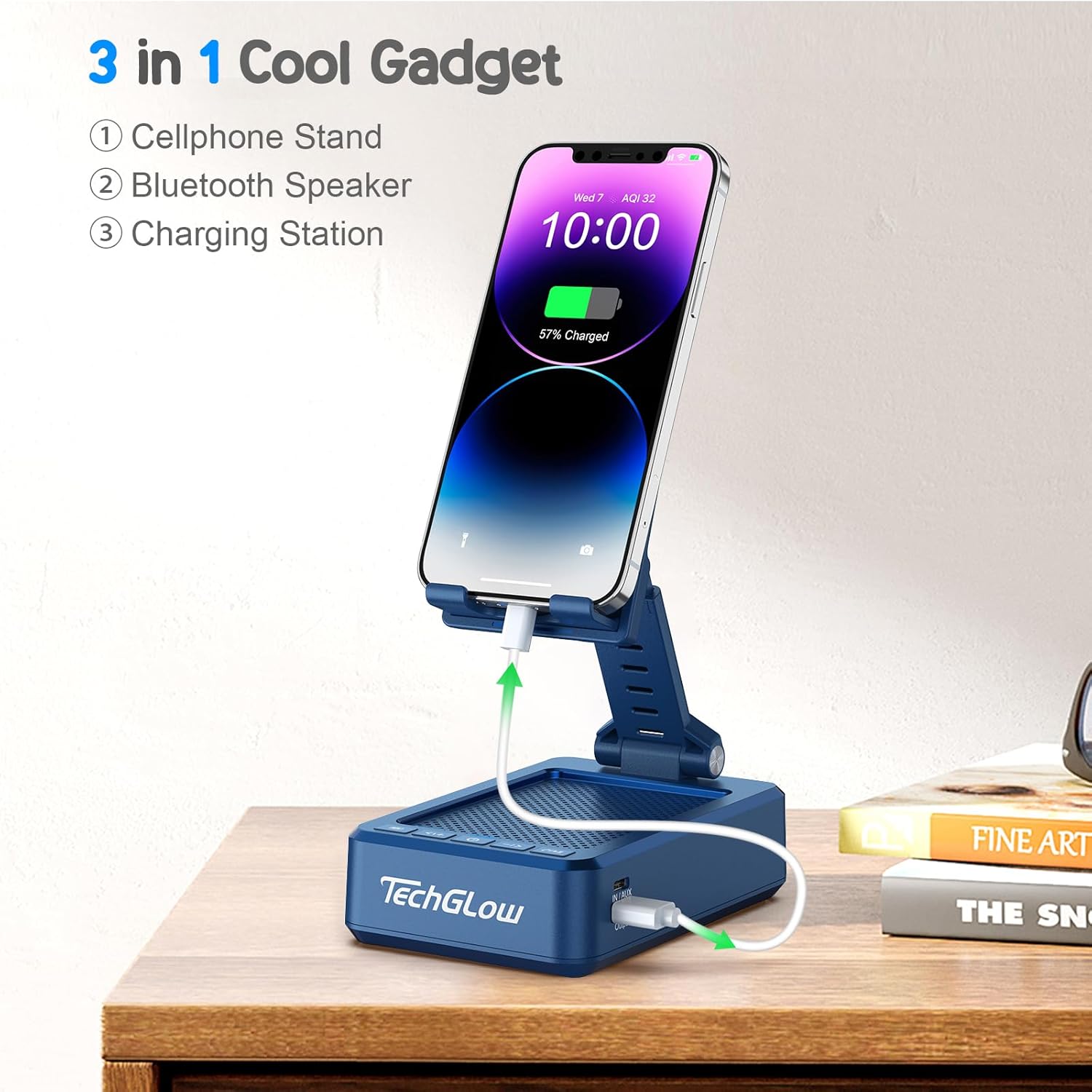 TechGlow Gifts for Men Women Foldable Cellphone Stand with Bluetooth Speaker and Charging Funtion Birthday Gift Idea for Mom Dad Cool Gadget Tech Gifts-Blue