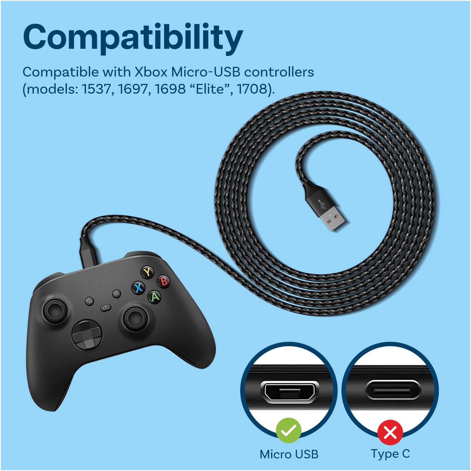 Cavo Micro-USB Per Xbox 2m Intrecciato | 2 Pezzi USB-A A Micro-B Per Controller Xbox 18W - 4
