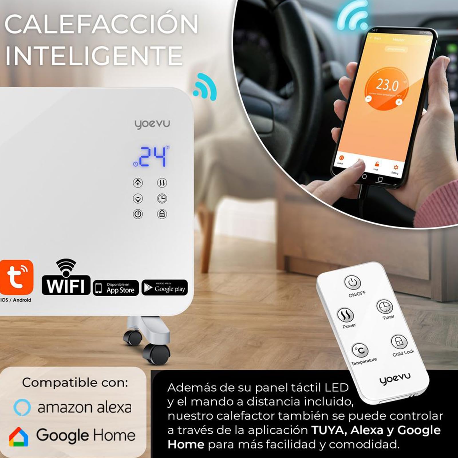YOEVU | Radiador eléctrico bajo consumo 1500W | Programable con control móvil y WIFI | Termostato regulable | Soporte con ruedas | IP24 | Protección sobrecalentamiento | Blanco