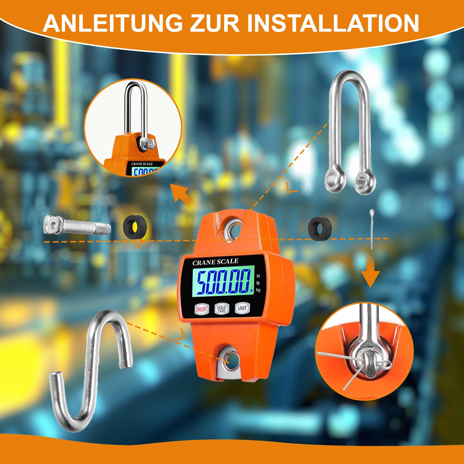 Kranwaage 500KG 1100lbs Elektronische Hängewaage Waage Tragbare LCD Zugwaage mit Haken mit Haken, Zugwaage Wildwaage Digital für Jagd, Bauernhof, Fabrik