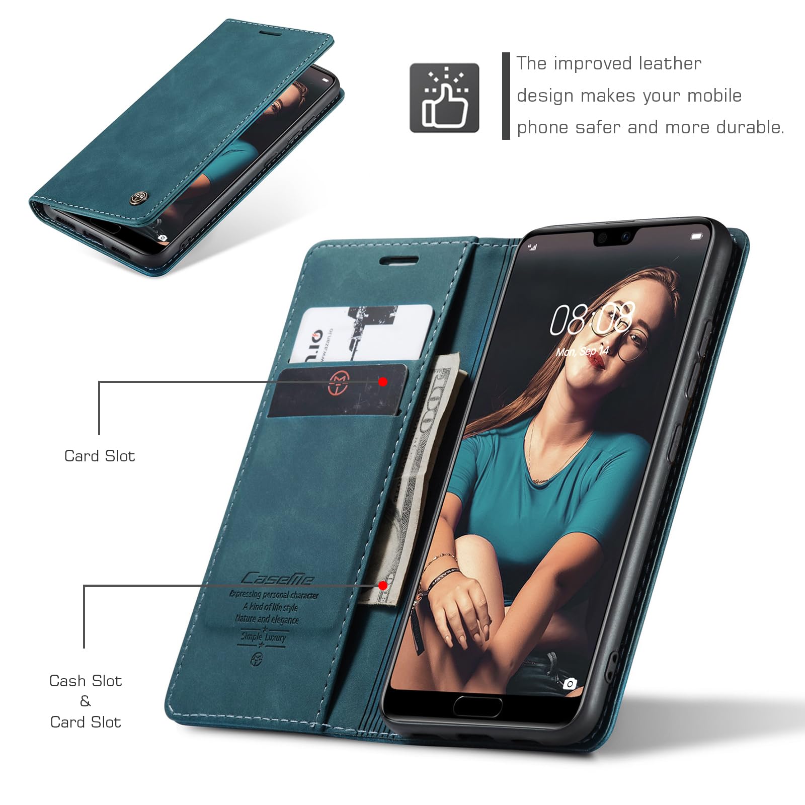 for Huawei P20 Case, Wallet Case Flip Leather with Card Holder Magnetic Closure Shockproof Kickstand Protective Phone Cases Cover for Huawei P20,Blue-Green — view 2