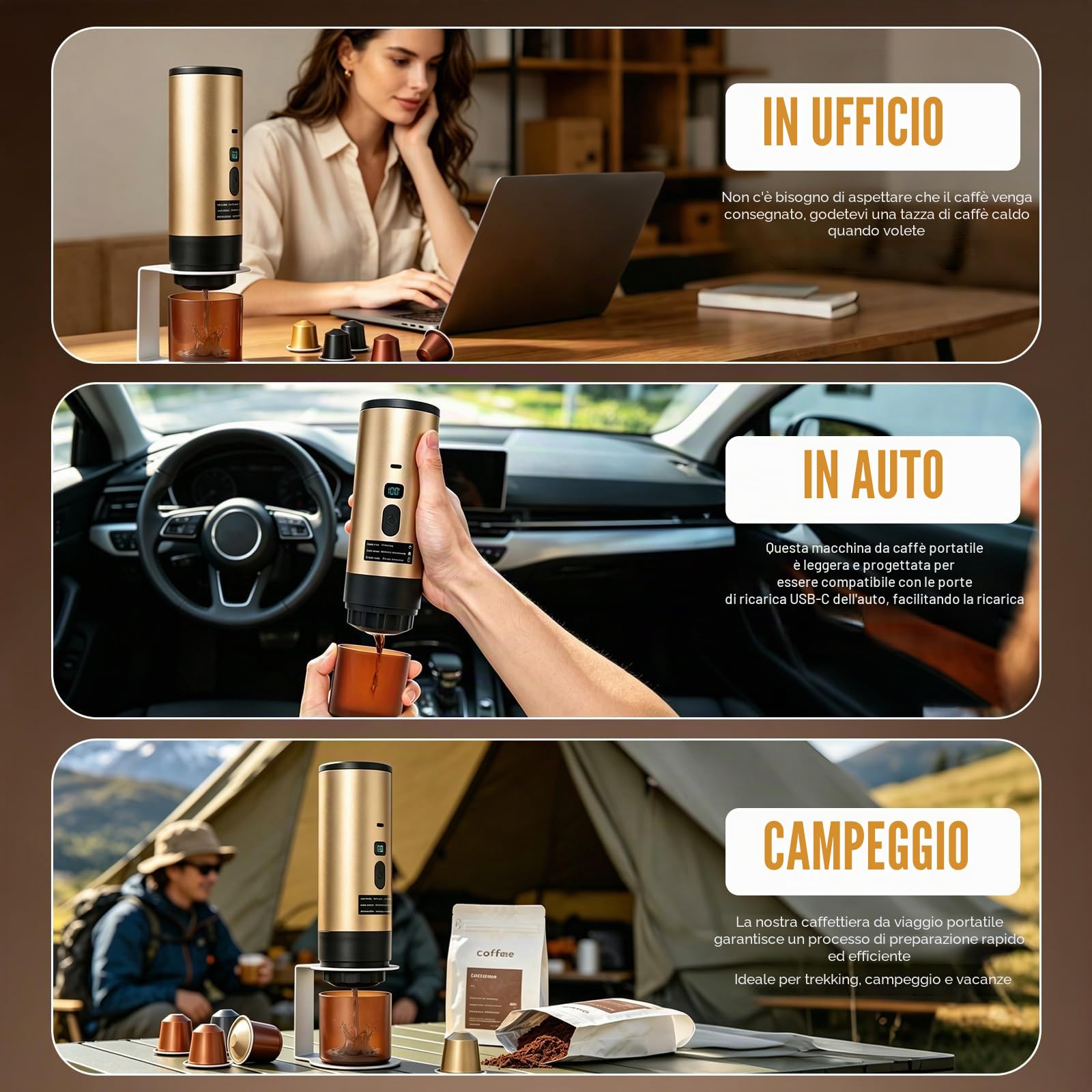 Caffettiera Portatile 3-in-1, Macchina Caffè Portatile Ricaricabile, Compatibile con NS/DG/Caffè Macinato, Pocket Coffee con Batteria 7800mAh, per Auto, Ufficio, Campeggio (Oro)