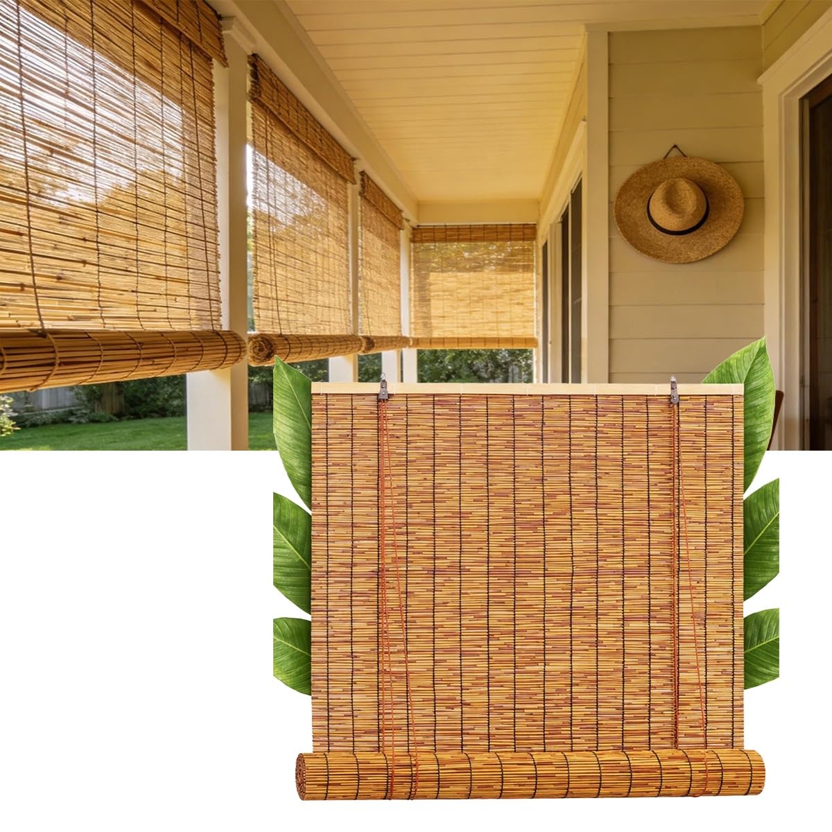 CMJYMX Blackout Roller Blinds For Windows Light Filtering Privacy Screen Retro Natural Bamboo Shades For Kitchen Deck Patio Easy To Install 20 24 31 43 47 59 IN(100x220CM/39x86IN(WxH))