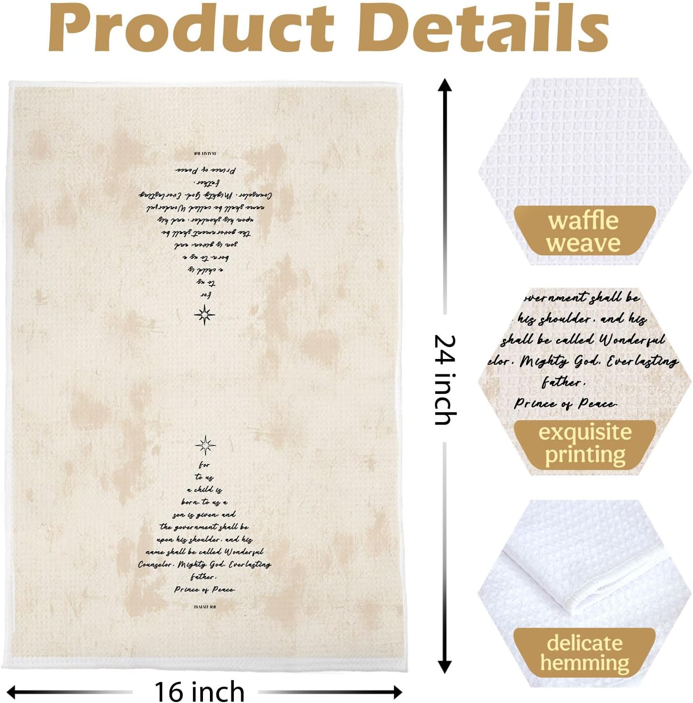 Christian Christmas Kitchen Towels - Bible Verse Waffle Decorative Dish Towels, Religious Scripture Hand Towel, Christmas Tree Tea Towel, Isaiah 9:6, 16x24 Inches - Image 5