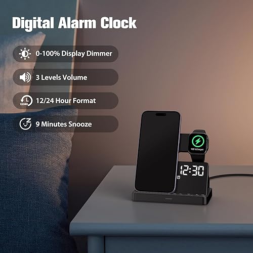 Miniatura 6 de BUFFBEE Reloj despertador con cargador inalámbrico, atenuador de pantalla del 0 al 100%, volumen ajustable, reloj digital de cabecera con estación