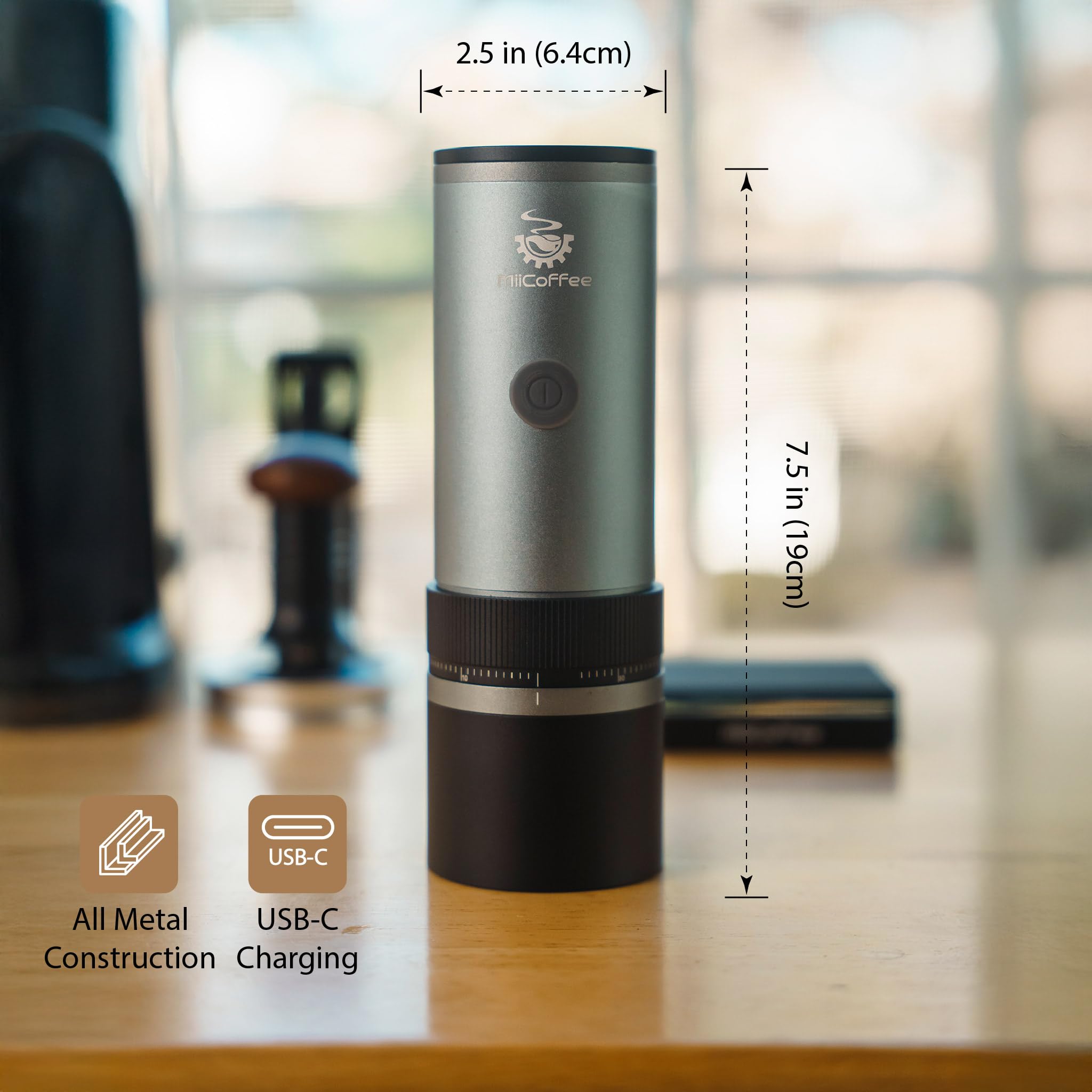 MiiCoffee PT2 Moulin à café électrique portable, rechargeable USB-C, en acier inoxydable, corps en aluminium avec brosse de nettoyage incluse
