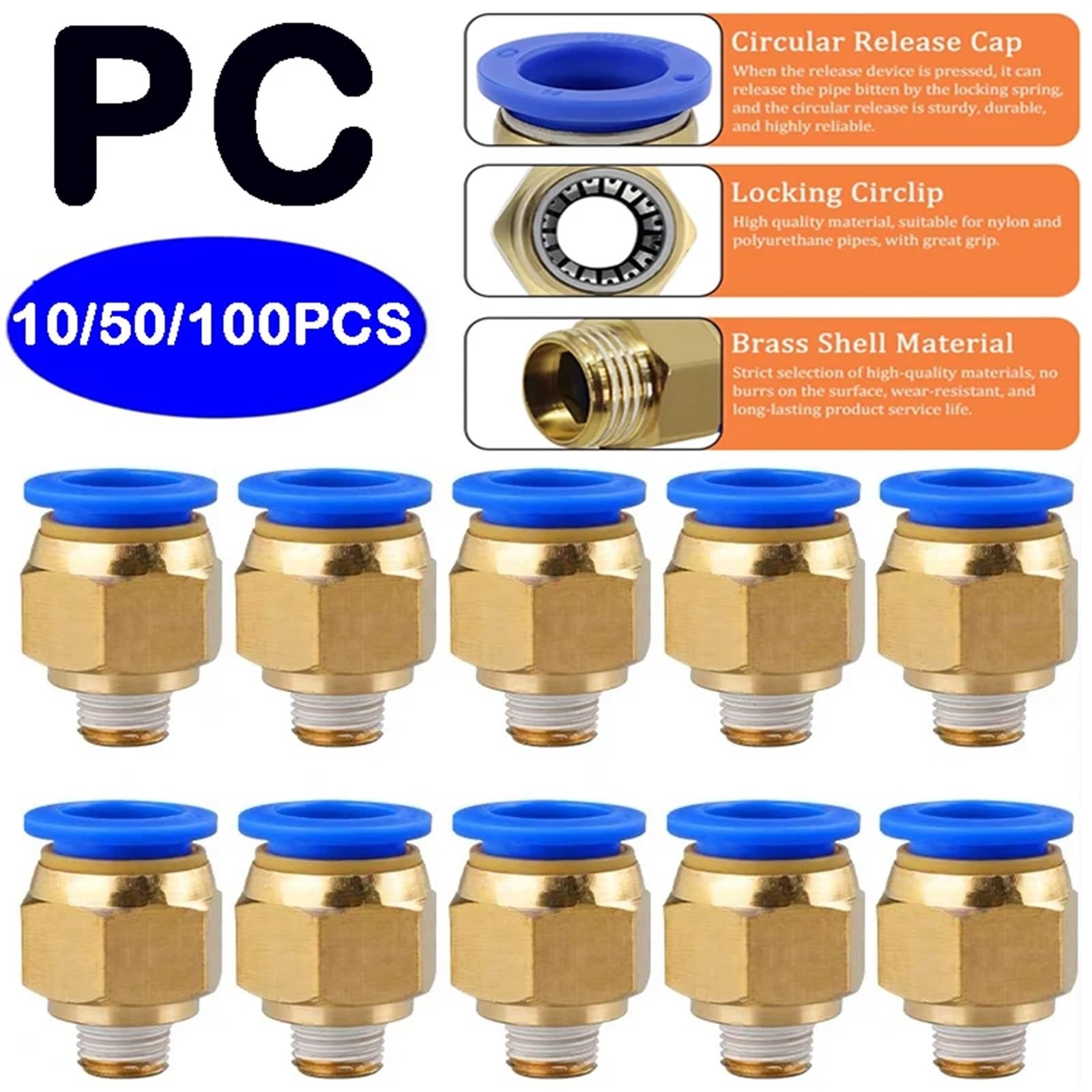 10 x pneumatische Steckverbinder für PC, 4 mm, 6 mm, 8 mm, 10 mm und 12 mm (1/8 Zoll, 1/4 Zoll, 3/8 Zoll, 1/2 Zoll) (PC4-M5, 10 Stück)