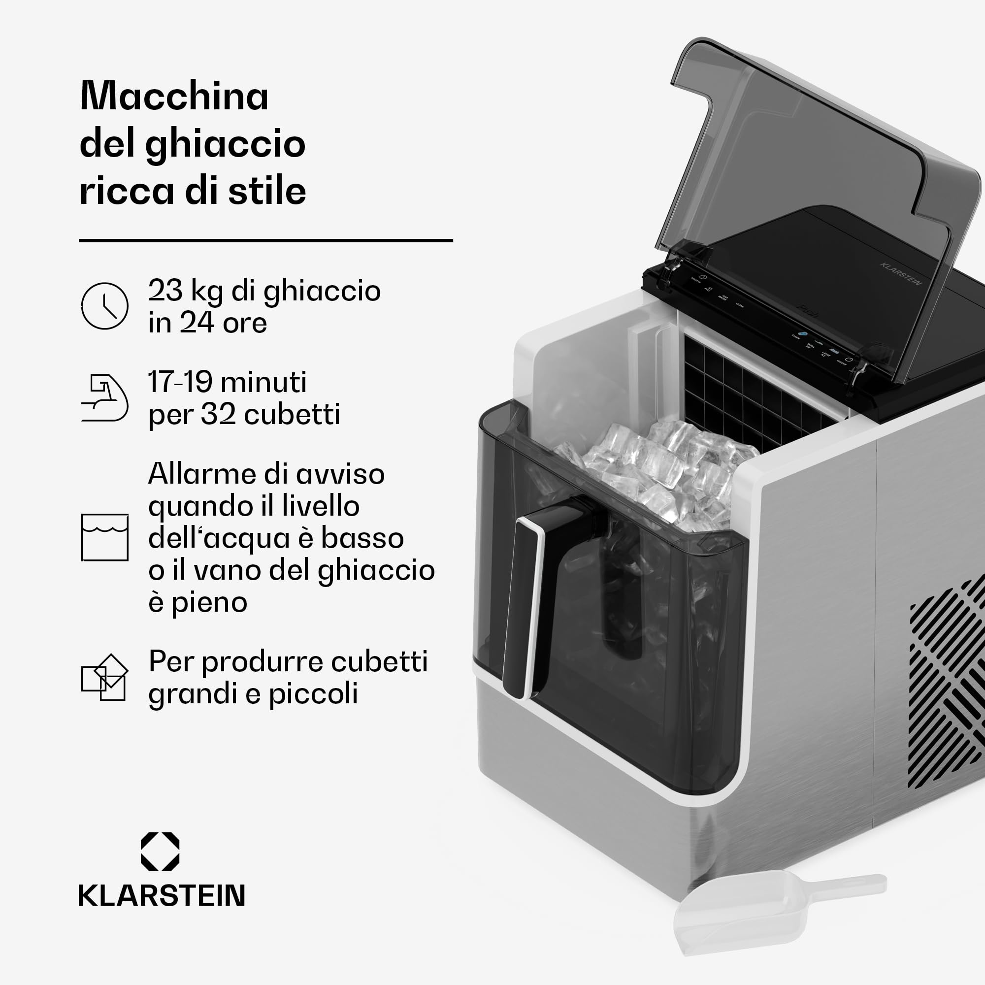 Klarstein - Macchina del Ghiaccio, Acciaio Inossidabile, 23kg/24h, 32 Cubetti/17 Min, Pulizia Automatica, Pannello di Controllo, Avviso del Livello Acqua, Design Moderno, Acciaio inossidabile