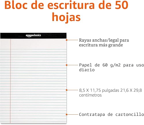 Vista 4 de Yaxa Basics Bloc de notas de escritura con rayas anchas, 8.5 x 11.75 pulgadas, blanco, 12 unidades (12 paquetes de 50)