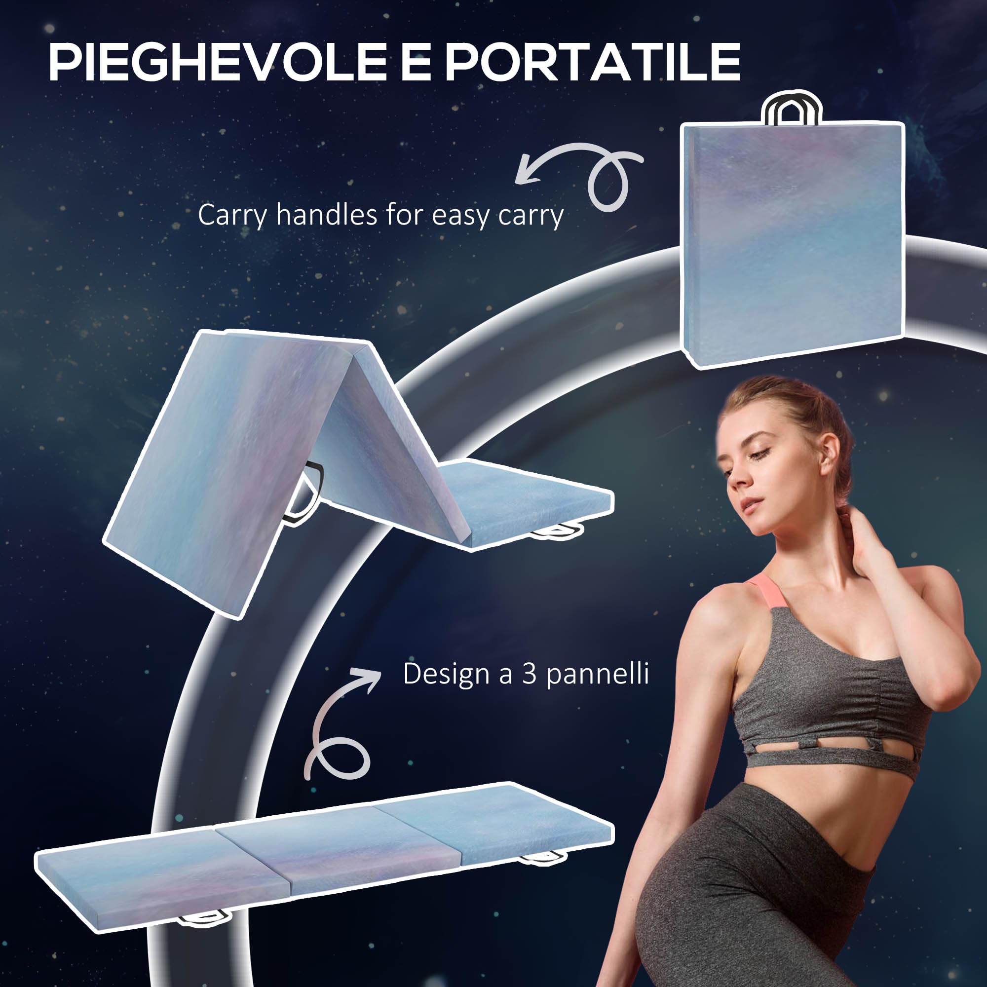 HOMCOM Tappetino da Ginnastica Pieghevole, Materassino Fitness Spesso 5 cm, Tappeto da Palestra Salvaspazio con Maniglia per Yoga e Pilates, 180x60 cm, Azzurro