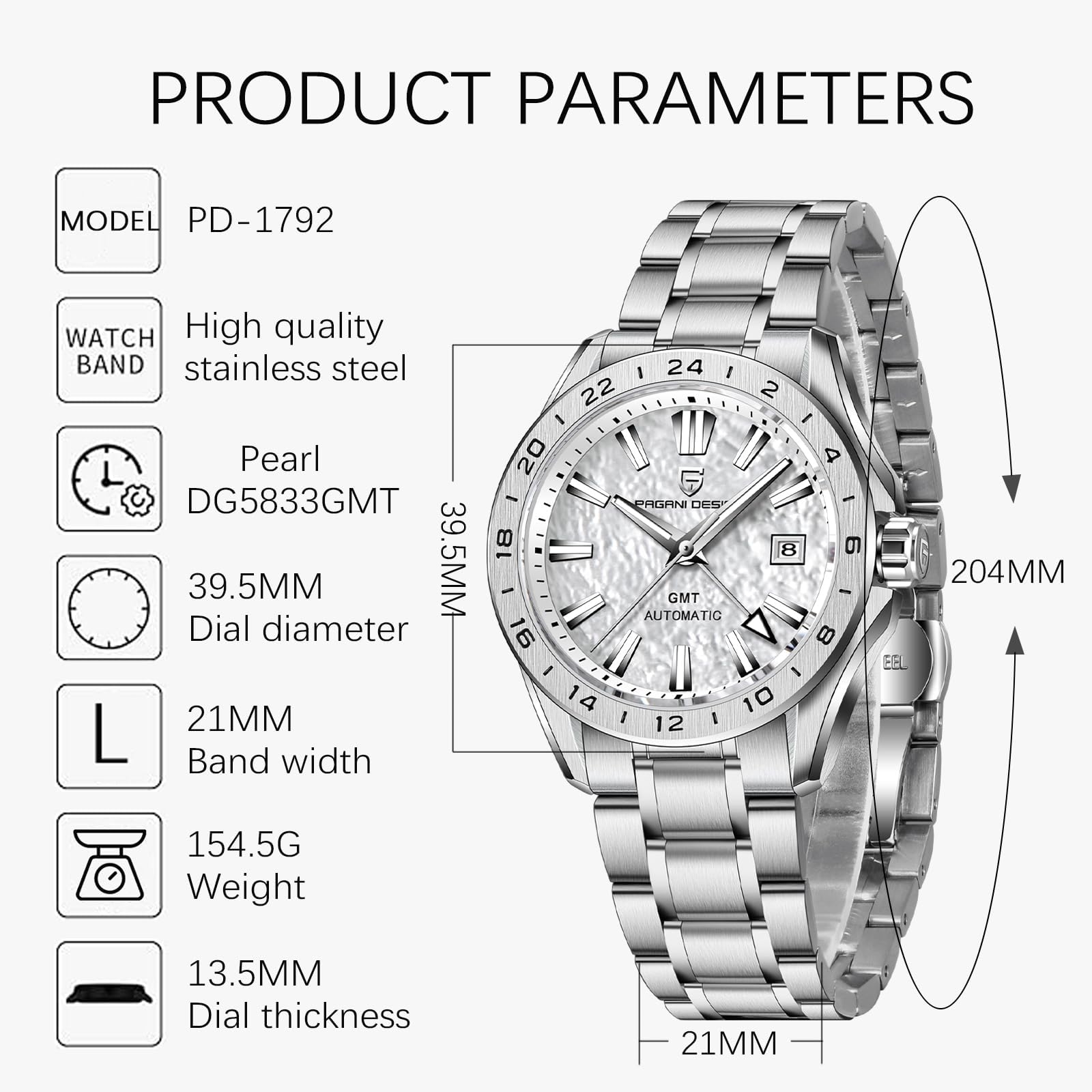 Pagani Design Orologio automatico da uomo, in acciaio inox, vetro zaffiro, 100 metri, impermeabile, datario luminoso, casual, da uomo