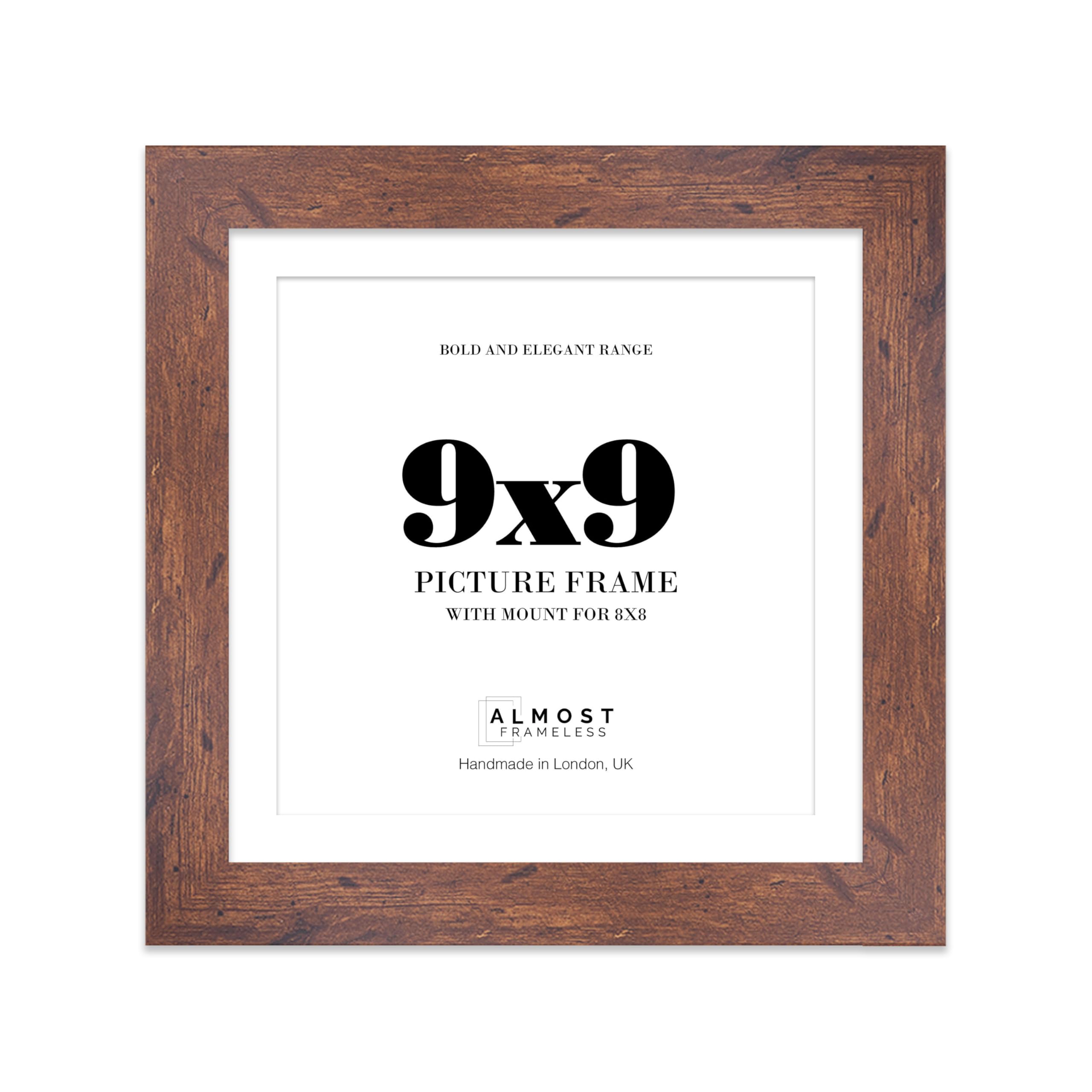 9x9" Rustic Wood Square Frame With Mount for 8x8" Pictures 28mm Edge Frame Display with Wall Hooks and Kickstand, 1 Pack
