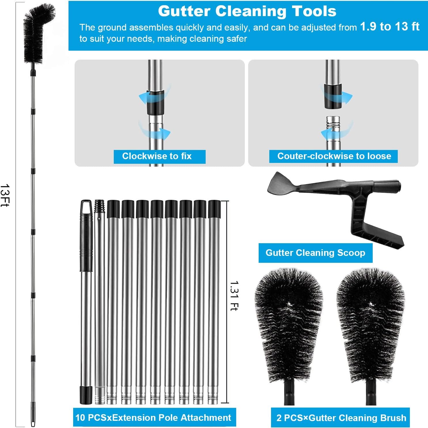Gutter Cleaning Tools from Ground - 13FT Long Adjustable Gutter Cleaner with 2 Brushes Heads and Scoop, Rain Gutter Cleaning Tool for Easily Clear Roof Leaves and Debris