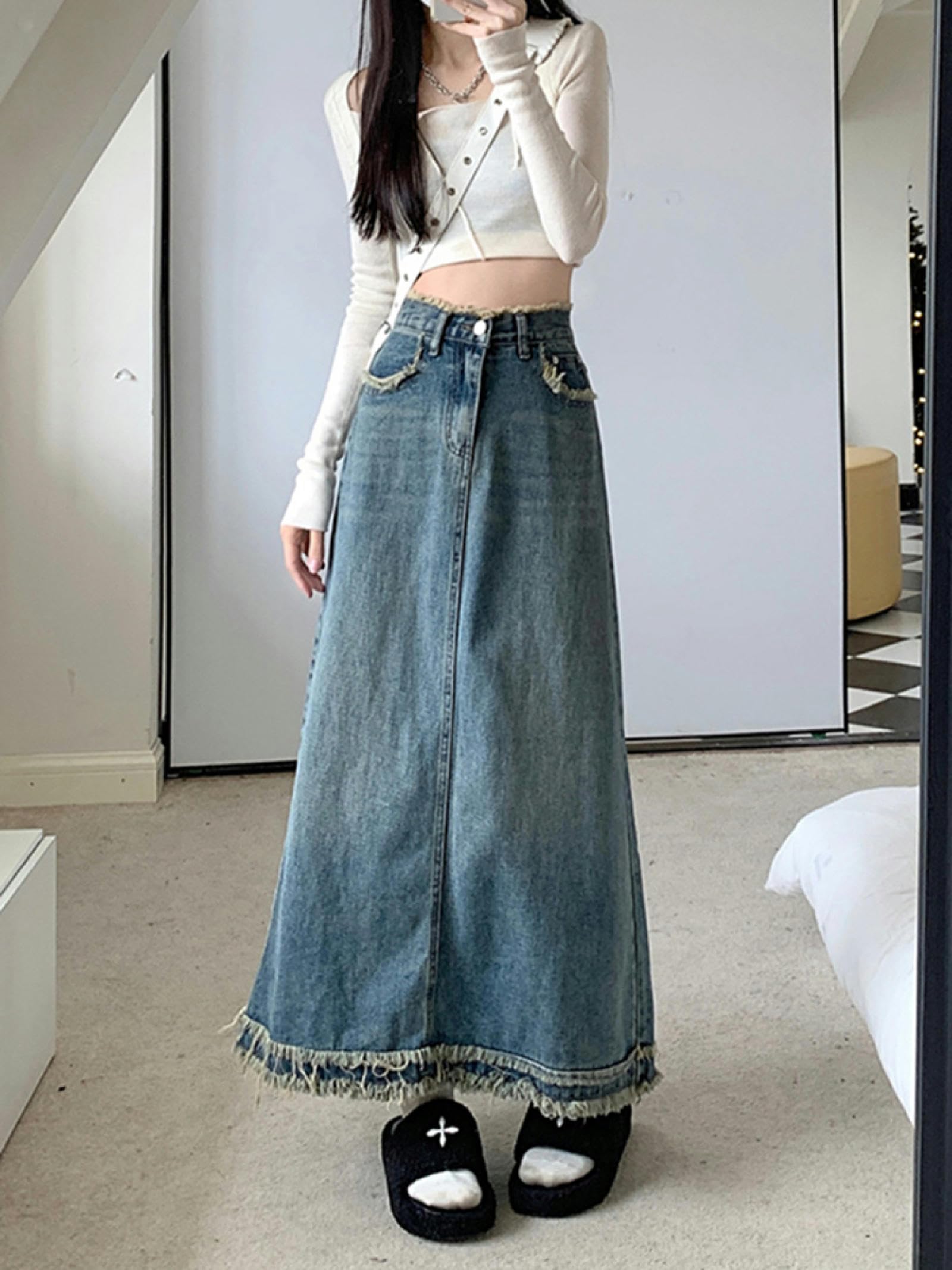 Falda Larga Vintage Azul Mujer Otoño Invierno Cintura Alta Paraguas Borde Crudo Vaquera Y2K