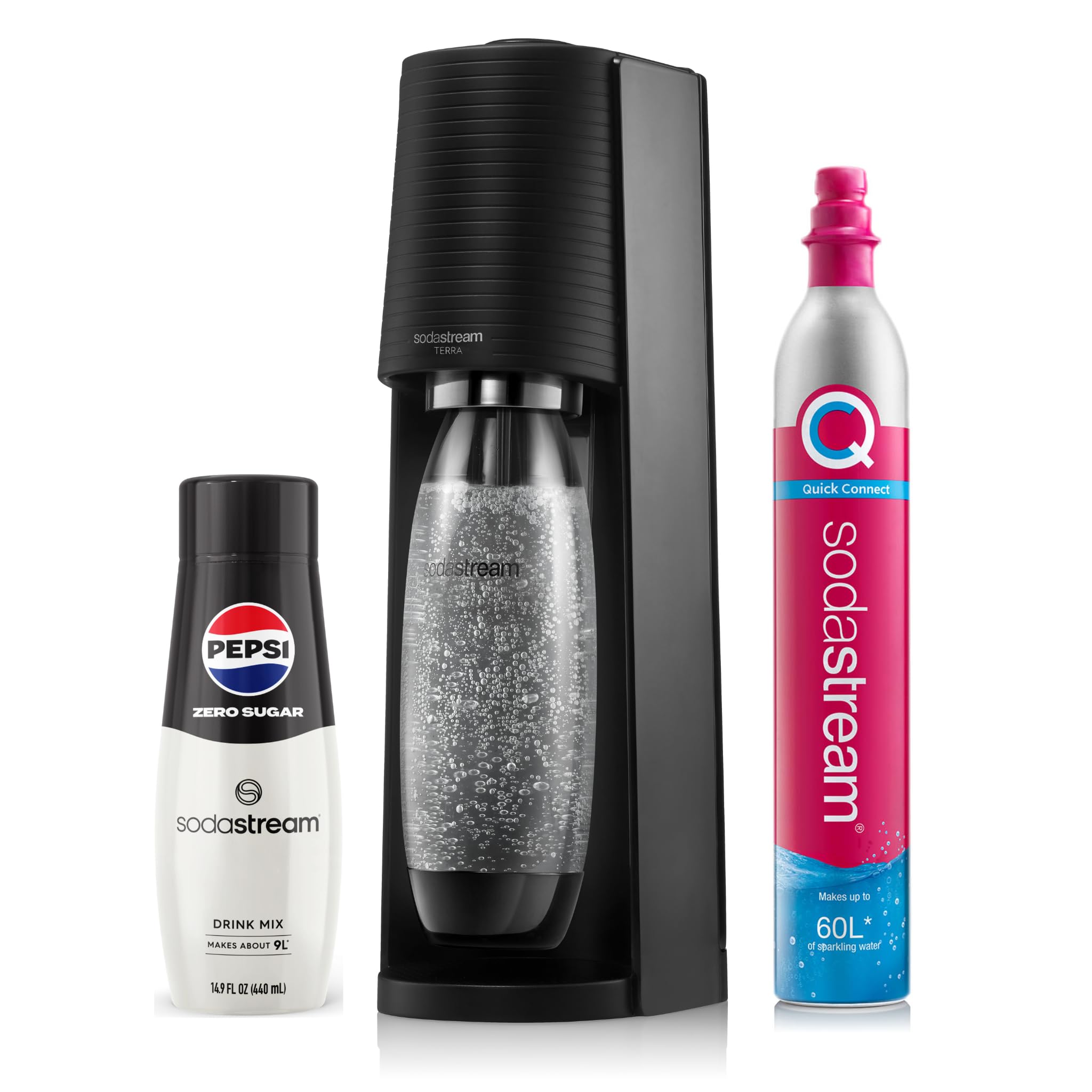 SodaStream - Terra Sparkling Water Maker starter bundle, Quick Connect CO2 System, Includes 60L Gas Cylinder, 1 x 440ml Pepsi Max, BPA-Free 1L Bottle, Eco-Friendly & Reduces Plastic Waste, Black