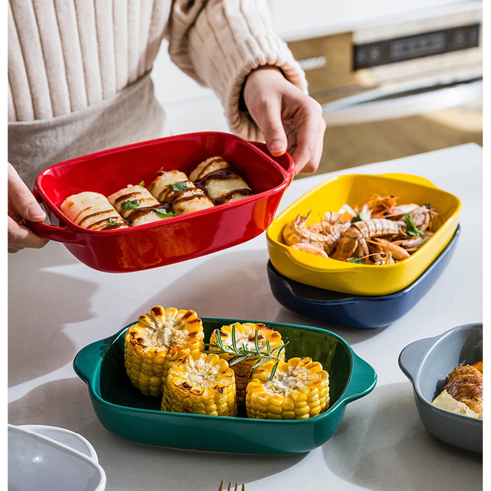 Fuente para Hornear Plato de Hornear de cerámica, panadería Rectangular Grande de 450 ml, tajos para cocinar, Cocina, Cena de Pastel, Banquete y Uso Diario Bandejas Horno (Color : Yellow)