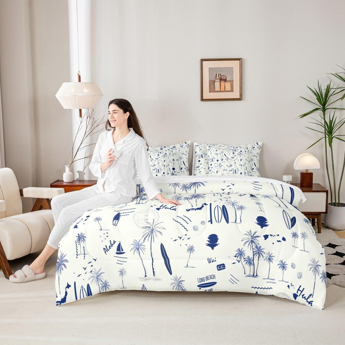 7 Pieces Coastal Beach Comforter Queen,Surfboard Sailboat Palm Tree Bedding Set Kids Girls Boys Teens Room Decor Summer Ocean Life Navy Blue White Down Comforter,Fitted Sheet,Flat Sheet,2 Pillowcases