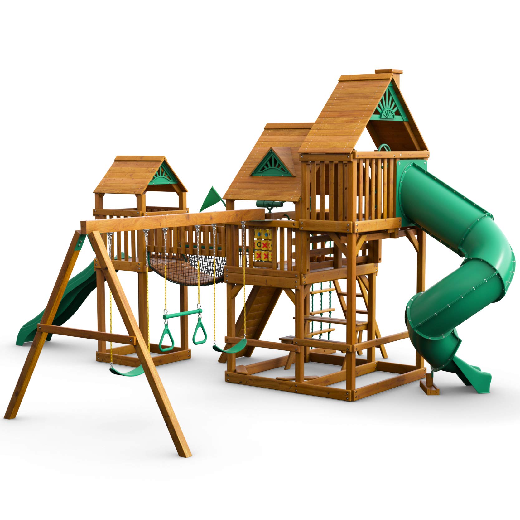 Gorilla Playsets 011021AP Treasure Trove I Wood Swing Set with Wood Roof, Clatter Bridge, and
