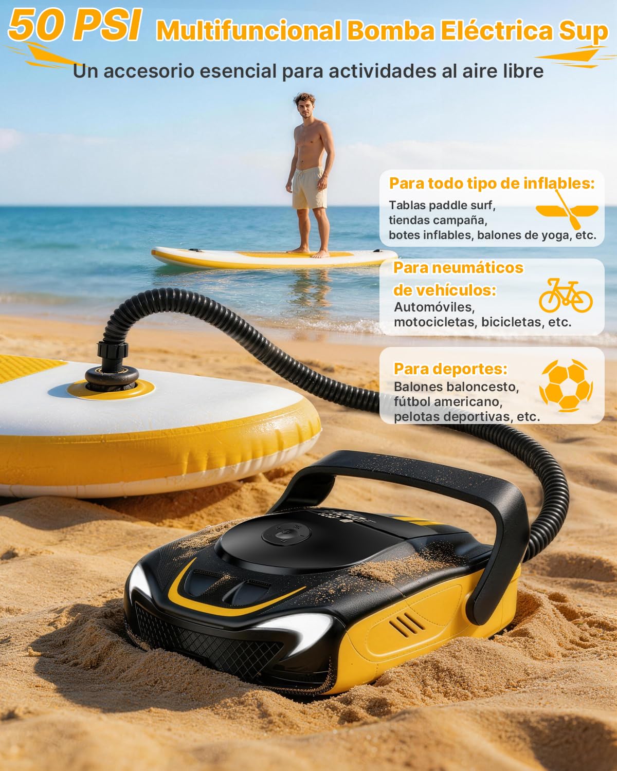 Bomba Eléctrica Sup 50 PSI, Bomba de Aire Eléctrica Recargable para Sup, Inflado/Desinflado Inteligente, con luz LED, para Tablas de Sup, Kayaks, Motocicletas, Pelotas, Colchones de Aire