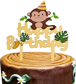 Gold Acrylic Monkey Happy Birthday Cake Topper, Monkey Birthday Cake Decor, Safari Jungle Themed Birthday Party Supplies, Zoo Animals Centerpiece