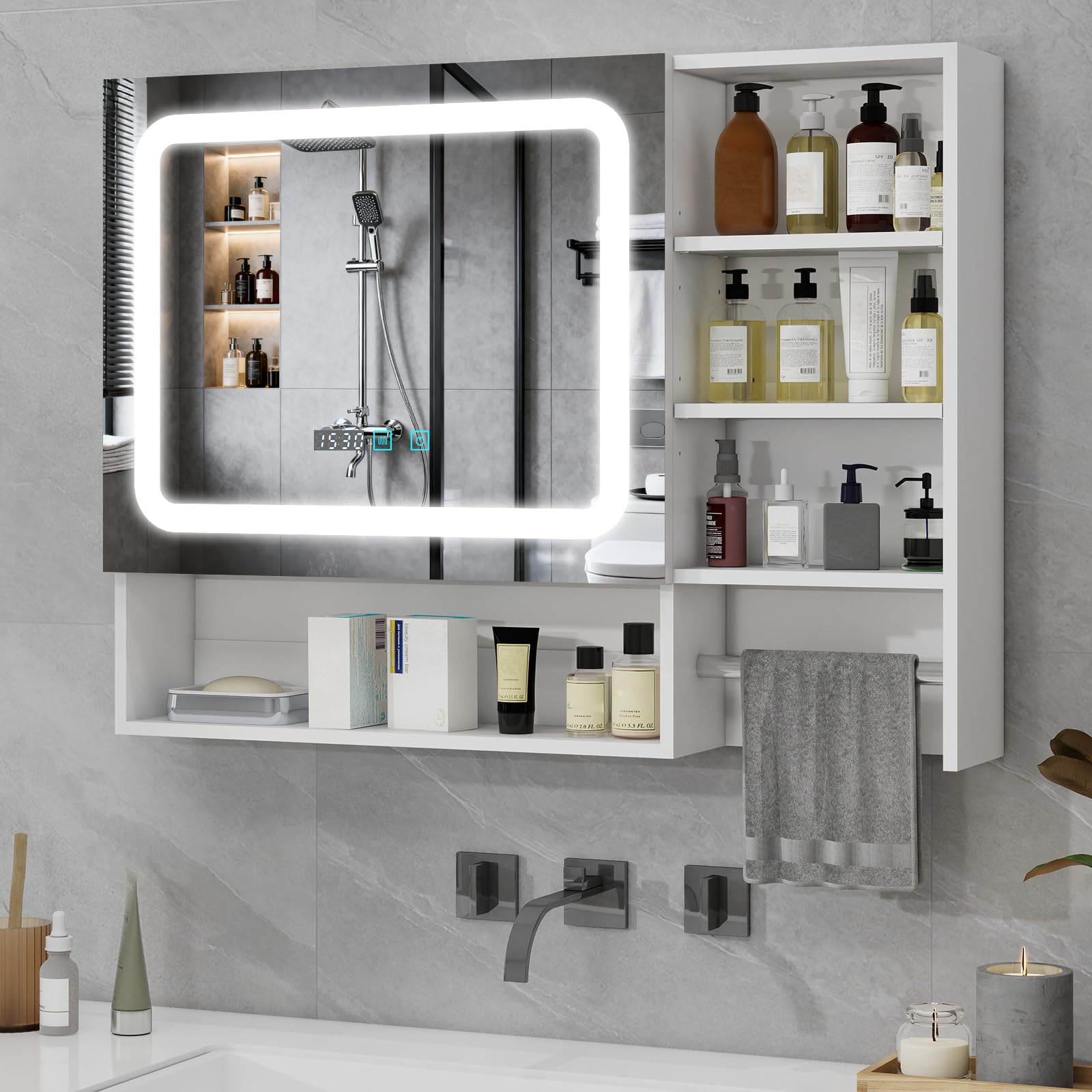 YU YUSING Specchio Contenitore Bagno con Luce, Mobile Bagno Sospeso con LED 80x14x60 cm, Armadietto con Portasciugamani, 3 Modalità di Luce, 3 Ripiani Regolabili, Bianco