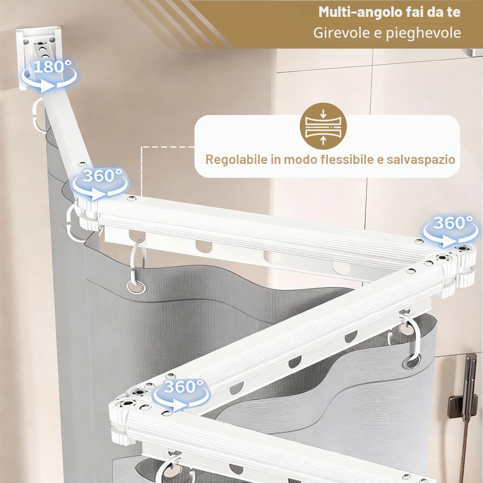 Barretta per tenda da doccia pieghevole, senza foratura, pieghevole e rotante in 4 posizioni, in lega di alluminio, con tenda da doccia impermeabile anti-muffa, 180 x 200 cm, per bagno