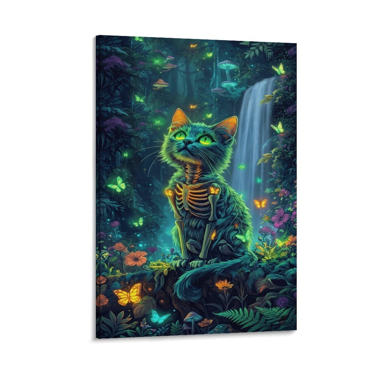 XPASHIQWC Skeleton Cat Poster Artwork Glowing Forest Canvas Prints Picture Modern Wall Art Picture Wall Hanging for Living Room Bedroom Home Decorations 20x30inch(50x75cm)