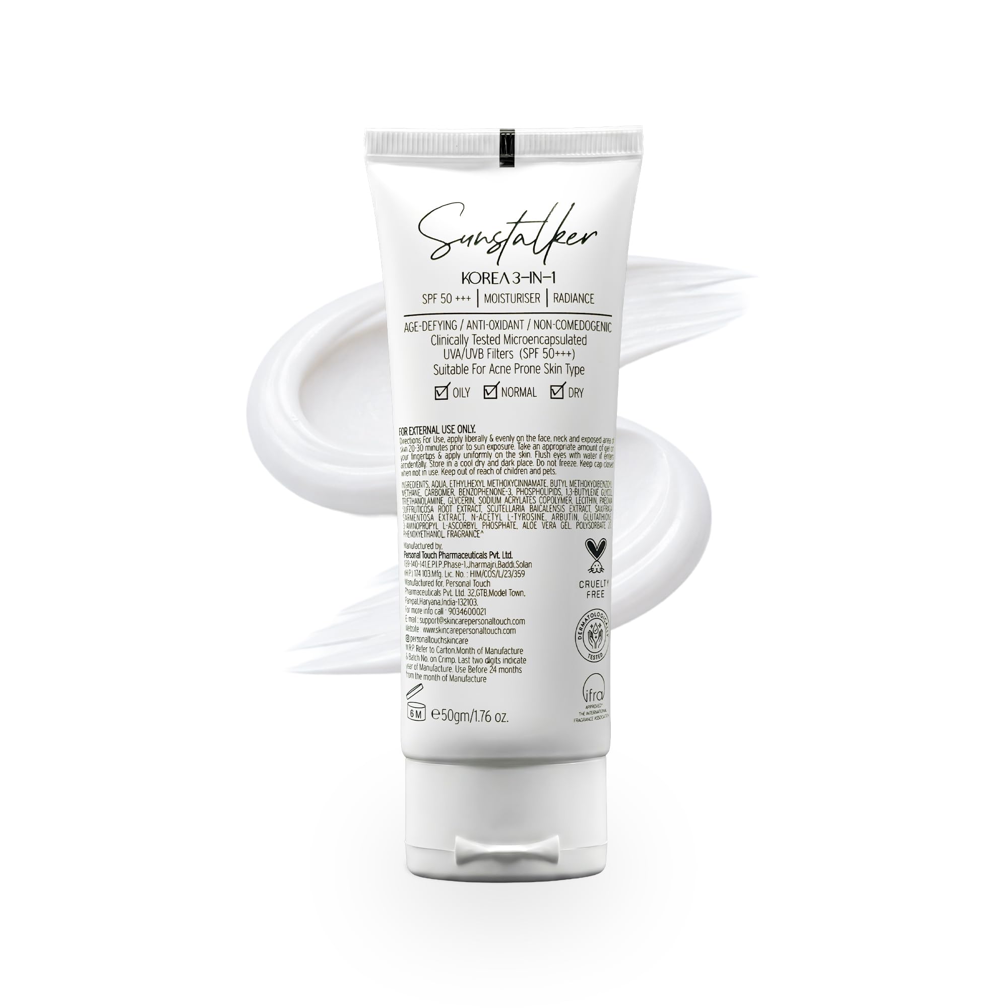 Personal Touch Sunscreen SPF 50 PA+++ for Face | Sunstalker Korea 3 in 1| Lightweight Sunscreen with No White Cast | Non-Greasy, Acne Safe & Oil-Free | With Niacinamide | For Oily & Dry Skin | 50 ml