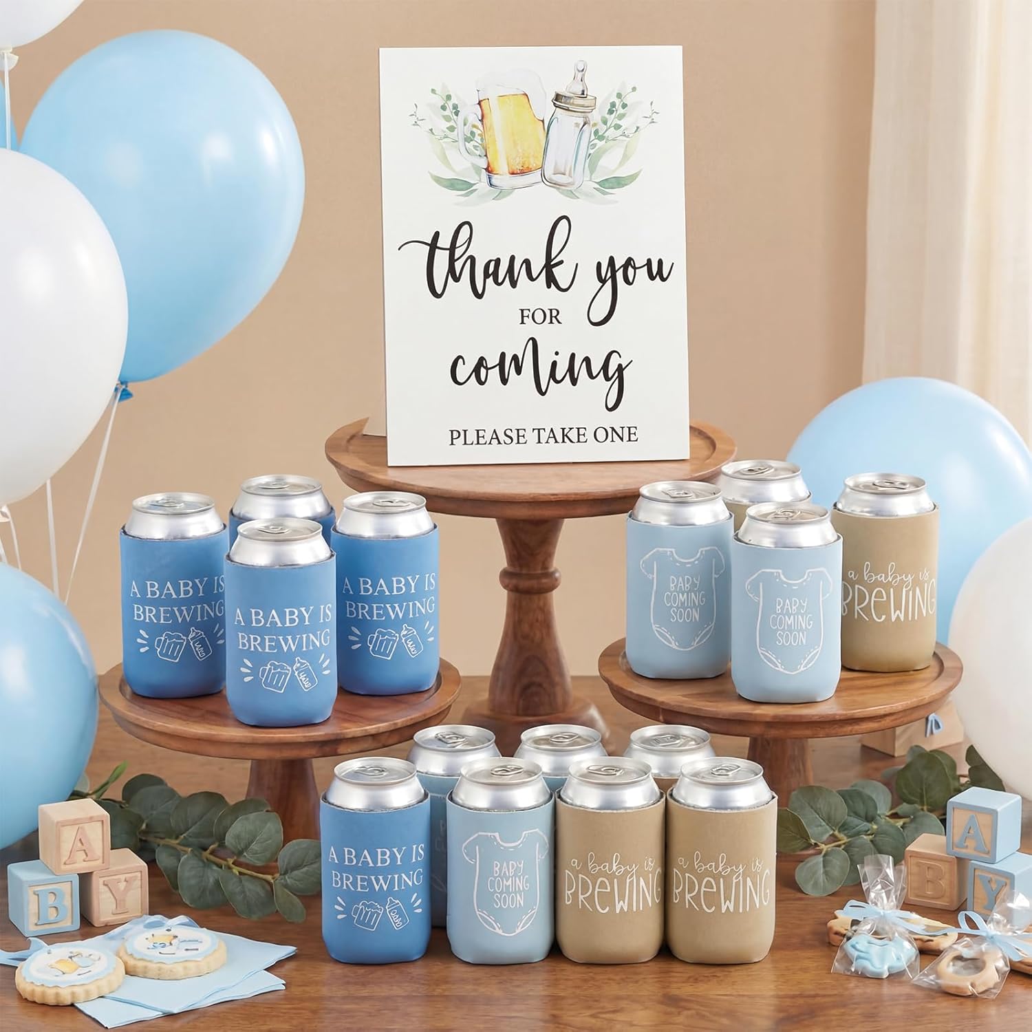 SiliFine 37 Pcs A Baby is Brewing Baby Shower Party Favors Brewing Beer Can Coolers Sleeves Gender Reveal Decor with Wooden Sign for Gender Reveal Party Favors (Lively,Classic)