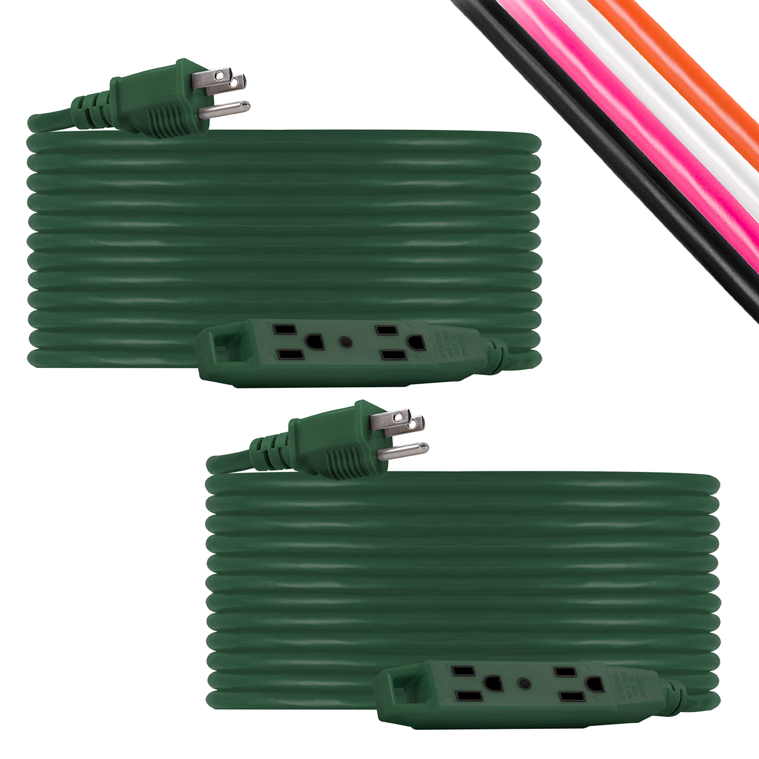 UltraPro 50 Ft Outdoor Extension Cords 2 Pack 3 Outlet Extension Cords Outlet Power Strip Long Extension Cord with Multiple Outlets Grounded Heavy Duty Extension Cord 16 Gauge UL Listed Green 50820