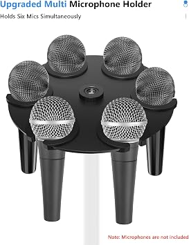 Multi Microphone Holder (Aluminum) Multi-Mic Holder for Handheld Dynamic, Wired and Wireless Mics, Storage Organizer and Display for Mic Stand, Mounts to 5/8-27 or 3/8-16 Threaded Stands