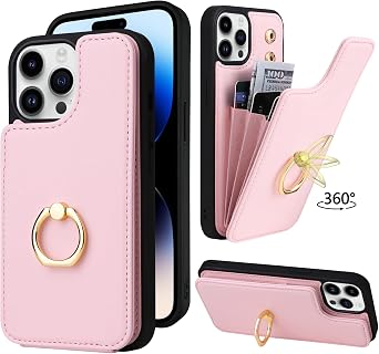 Compatible with iPhone 14 Pro Wallet Case with Card Holder, 360Rotation Finger Ring Holder Kickstand Protective RFID Blocking PU Leather Double Buttons Flip 6.1" Pink