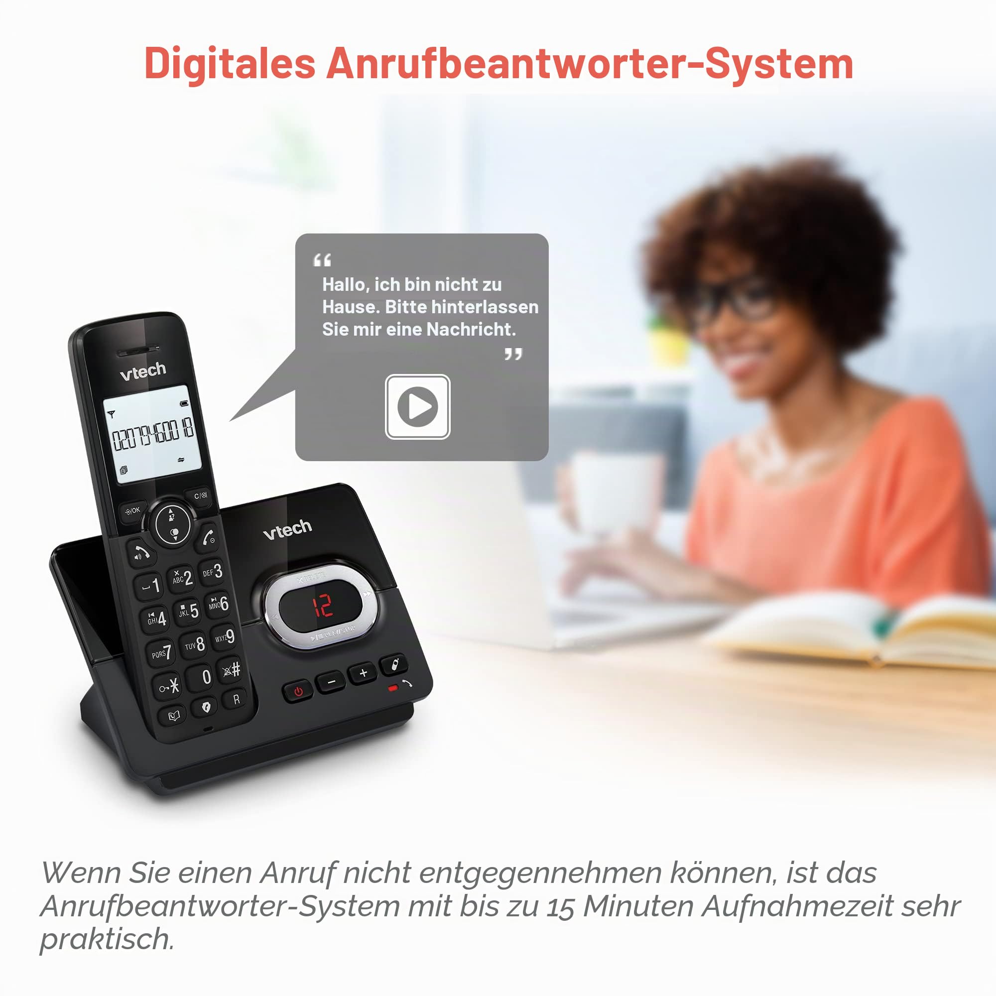 VTech CS2051 Schnurloses Telefon mit Anrufbeantworter und 2 Mobilteilen, ECO+ Modus, Seniorentelefon, Festnetz, Anrufblockierung, Freisprechfunktion, große Tasten, 1-zeilige Anzeige, Schwarz